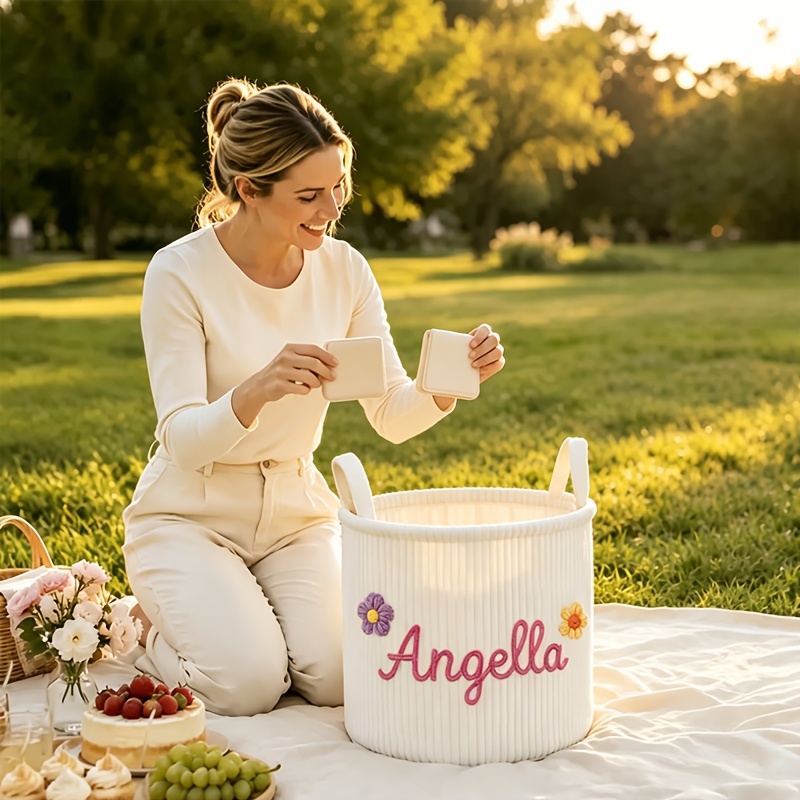 Personalized Name Corduroy Storage Basket with Carry Handle, Large Capacity