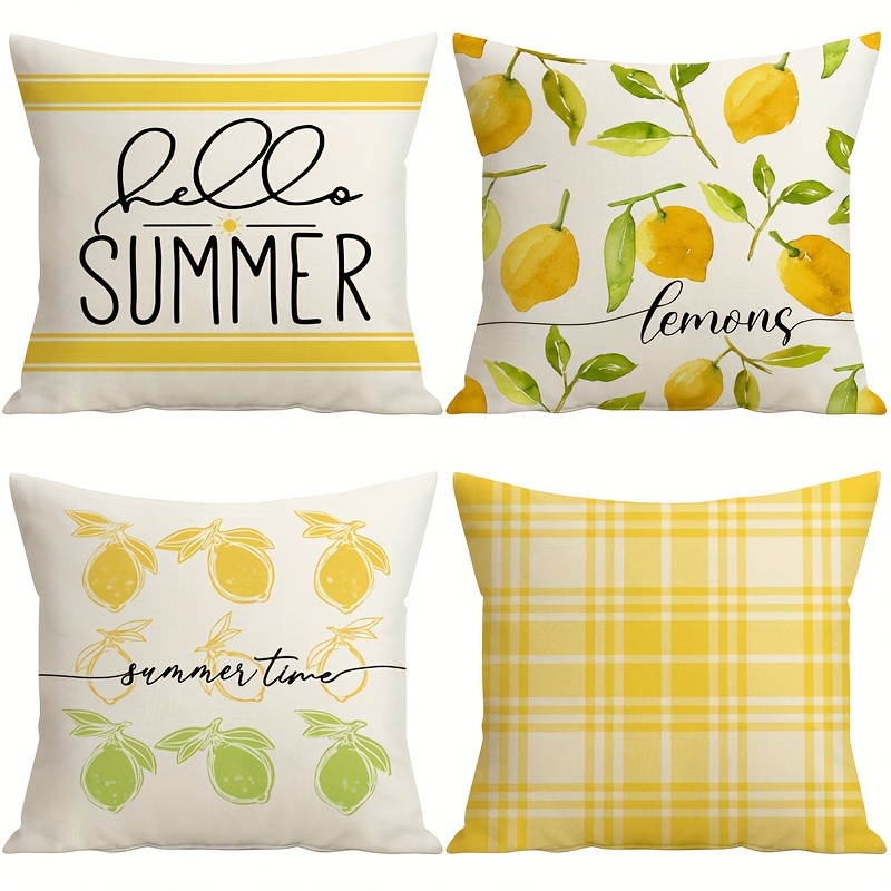 

4pcs Summer Pillow Covers 18x18 Inch Lemons Throw Pillow Covers Yellow Plaid Hello Summer Decorations Summer Time Cushion Covers For Sofa Couch