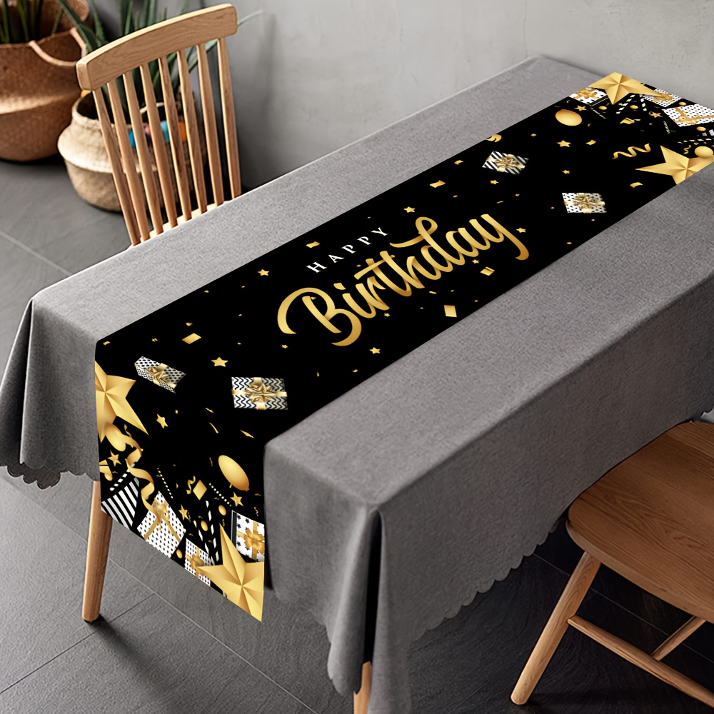 

Birthday Party Table Runner – Black And Golden Print Polyester Table Cover, Machine Woven For Indoor Outdoor Home Decor, Universal Holiday Birthday Celebration Accessory, 180 X 35 Cm – Pack Of 1