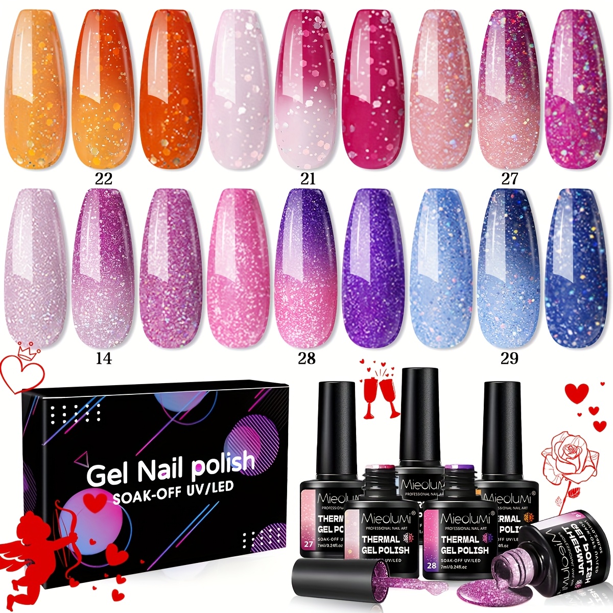 Mieolumi Color Changing Gel Nail Polish Set 6 Colors, Temperature Mood Glitter Orange Ombre Soak Off Nail Art Manicure Home Gifts For Women