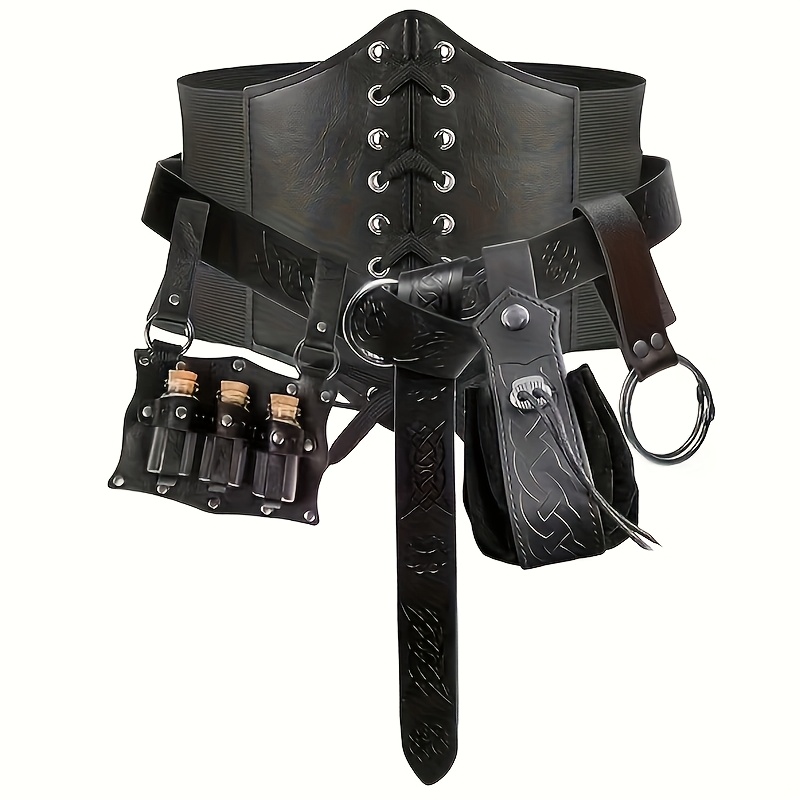 TEMU 5pcs Medieval Vintage Pu Waist Belt Costume Accessory Set, Celtic Embossed Waist Bag, Belt, Vintage Pu Hanging Ring, Potion Bottle Holder,