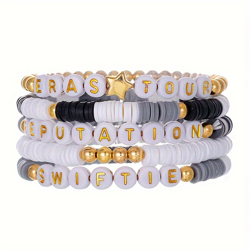 

5pcs Party Bracelet Set, Boho Soft Pottery Letter Adjustable Stretch Bracelet Unisex
