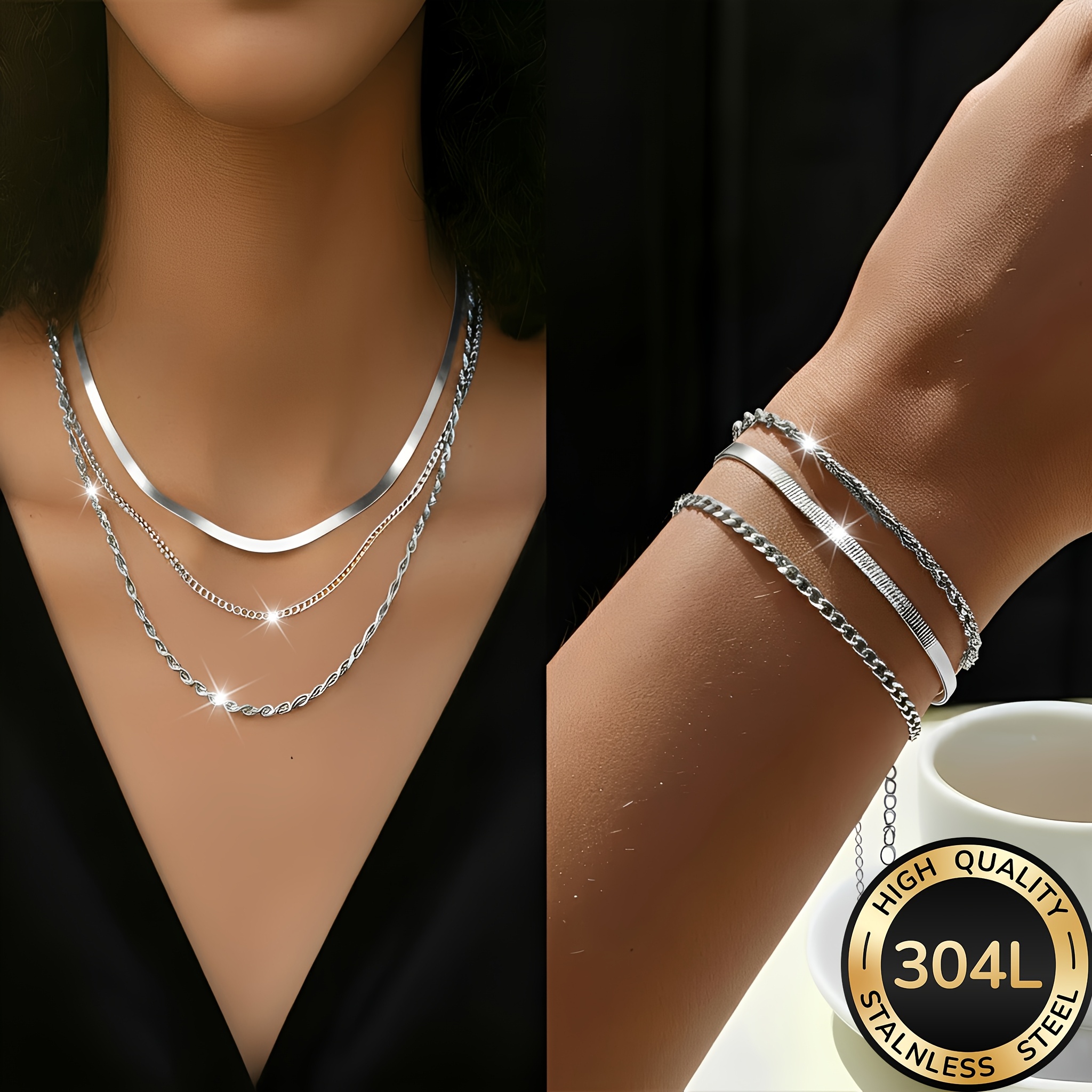 TEMU 6pcs Fashion Women Stainless Steel Necklace Bracelet Set, Suitable For Dating, Vacation, Beach Party And Daily Wear