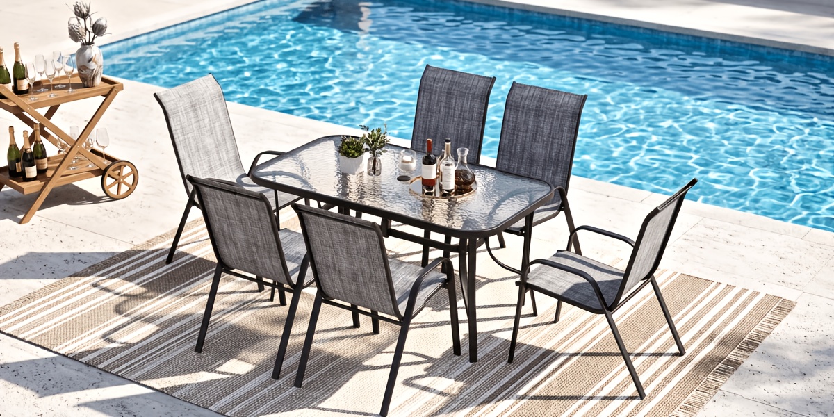 7pcs Outdoor Dining Table and Chairs for 6 People - Textilene Stackable Patio Furniture with Glass Table & Umbrella Hole Base Suitable for Deck, Poolside,, Backyard - Umbrella Not Included
