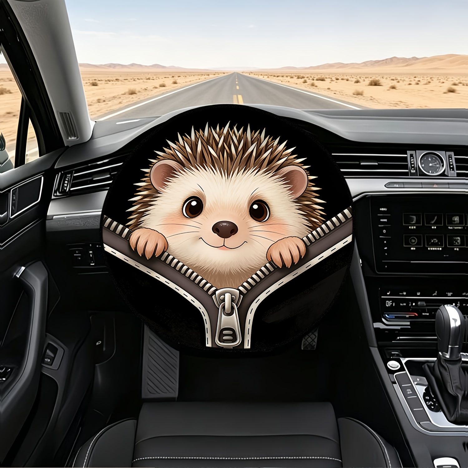 TEMU Pare-soleil de volant de voiture 1 pièce avec motif à thème d'un petit hérisson faisant peek-a-boo depuis une fermeture éclair, imprimé en 2D -