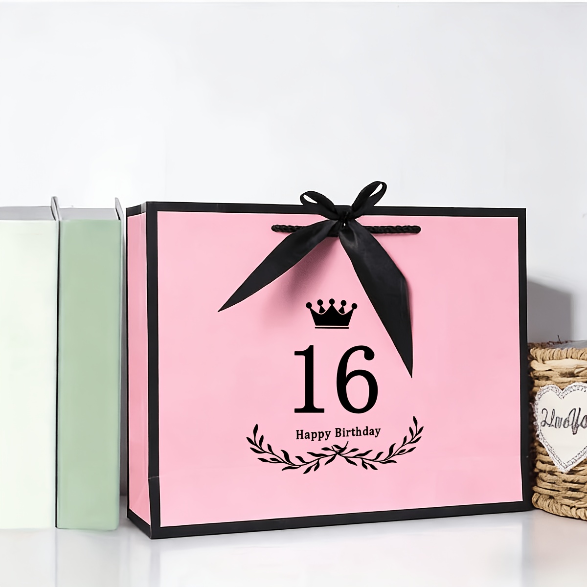 Image of 16th Birthday Favor Bags With Ribbon, Portable Paper Gift Bags With Handles, Pink White Gift Bags For 16th Birthday Party Decorations 12...3 Inches (32.0 X 25 X 11cm)