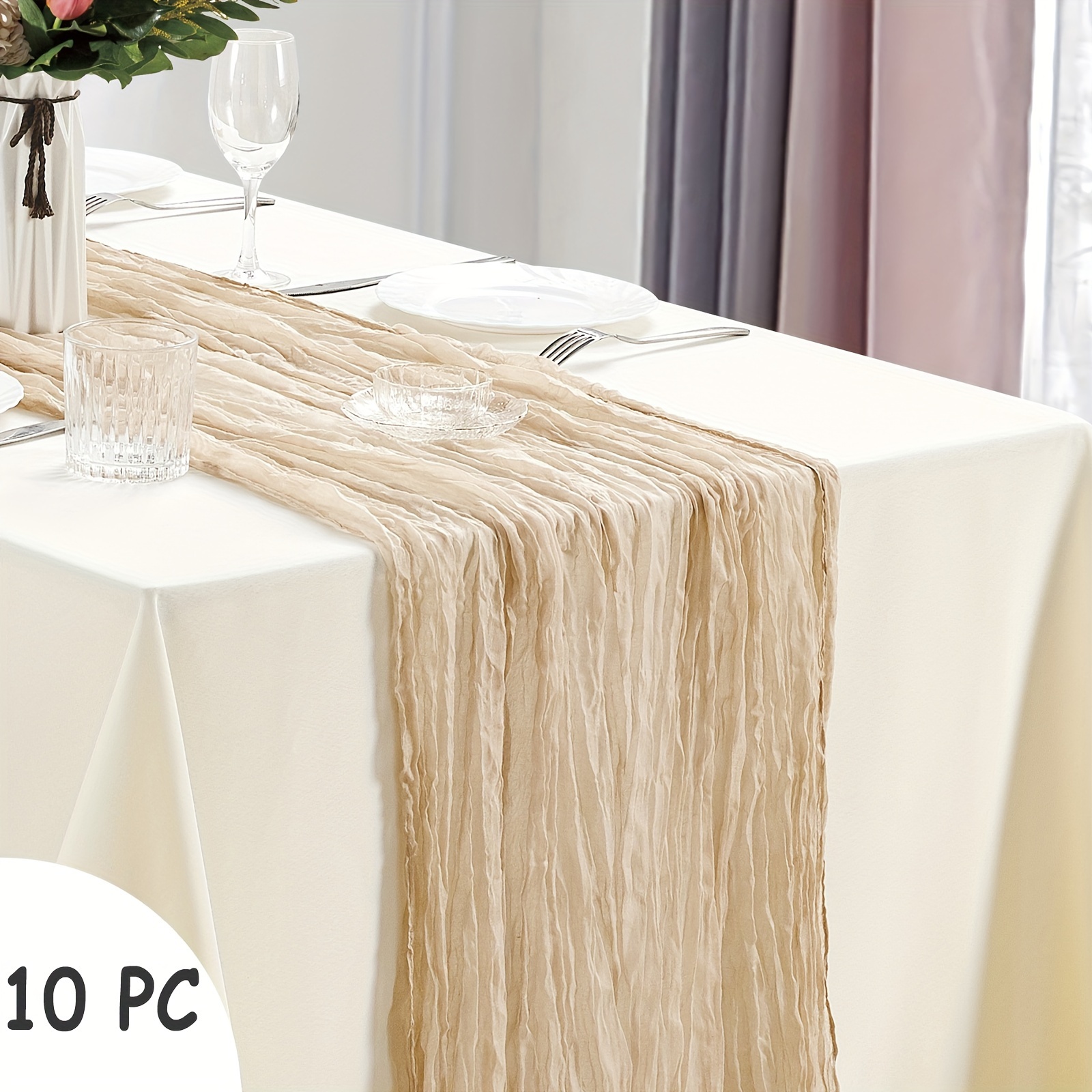 

Set Of 10pcs, 4pcs - 270x40cm New Width Cheese Cloth Table Runner In Bohemian Gauze, Romantic Sheer Tablecloth For Wedding, Bridal, Baby Gifts, And Birthday Party Table Decoration.