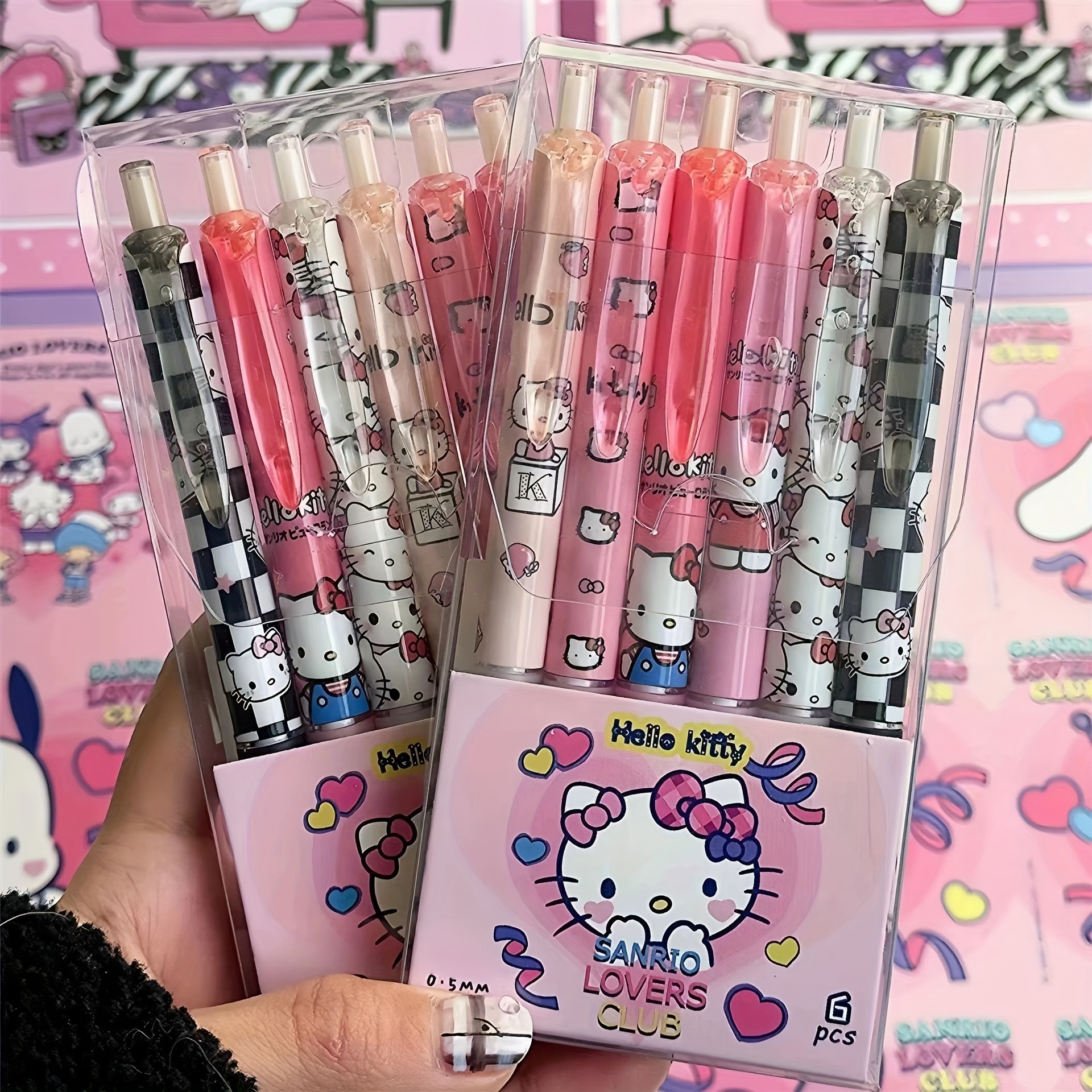 

6-pack Hello Kitty Licensed Gel Pens, Cartoon Anime Design, Retractable Black Ink Pens, Plastic Stationery For Office And School Use