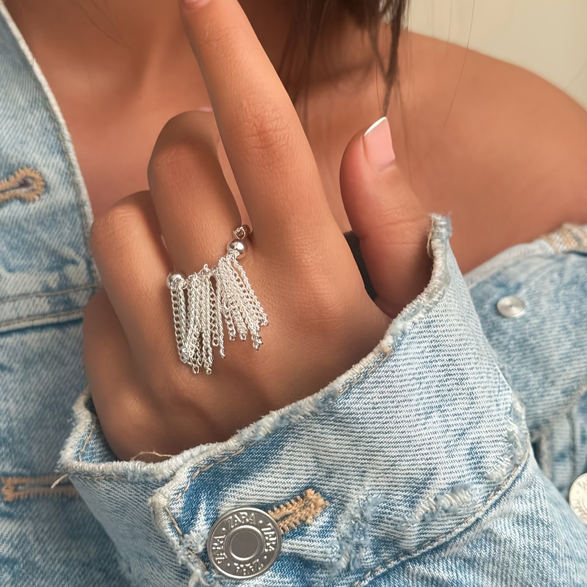 

1pc Fashion Personality Trendy Chain Tassel Ring