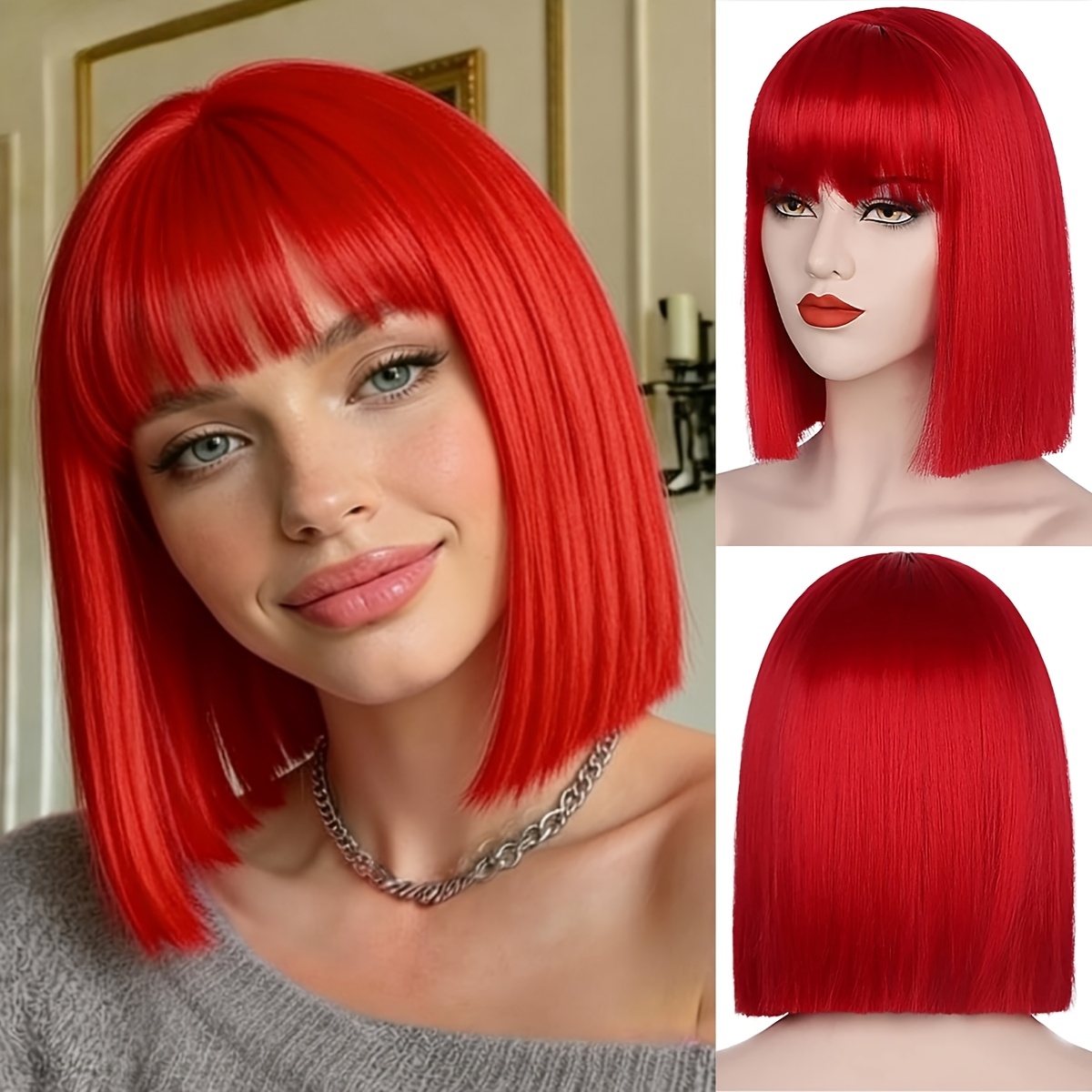 TEMU perruque courte bob rouge de 12 pouces, fibre synthétique résistante à la chaleur, avec frange, pour jeux de rôle, , occasions spéciales et