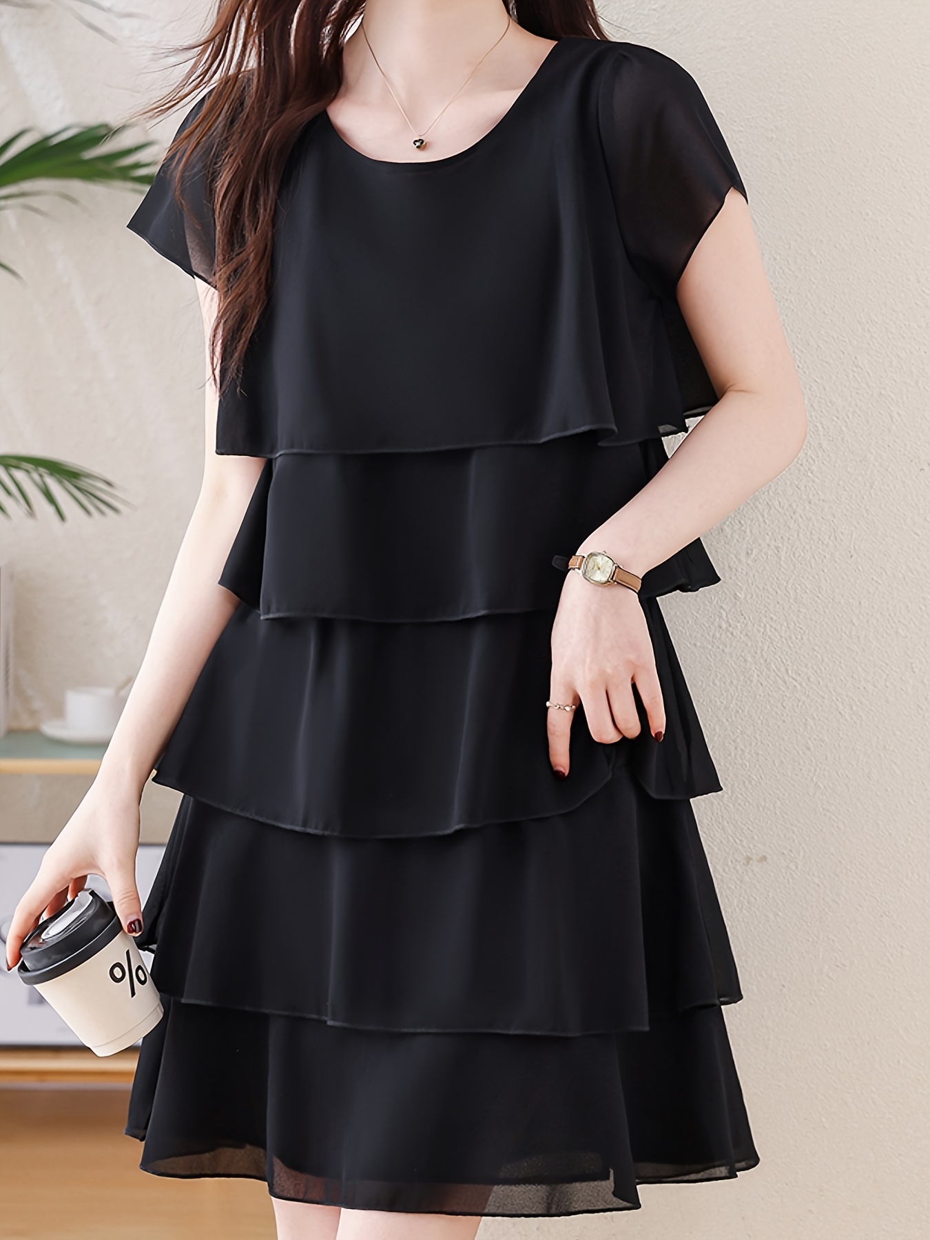 Plus Size Plus Size Plus Size 1pc Women'S Elegant Short Sleeve  Tiered Ruffle Dress Solid Color Black Loose Fit Midi Dress with Fla