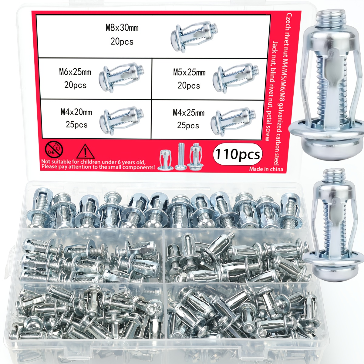 TEMU 110pcs Set Of M4/m5/m6/m8 Petal Nuts, Czech-style Rivet Nuts, Galvanized Blind Rivet Nuts, And Flower-shaped Anchor Nuts, Suitable For