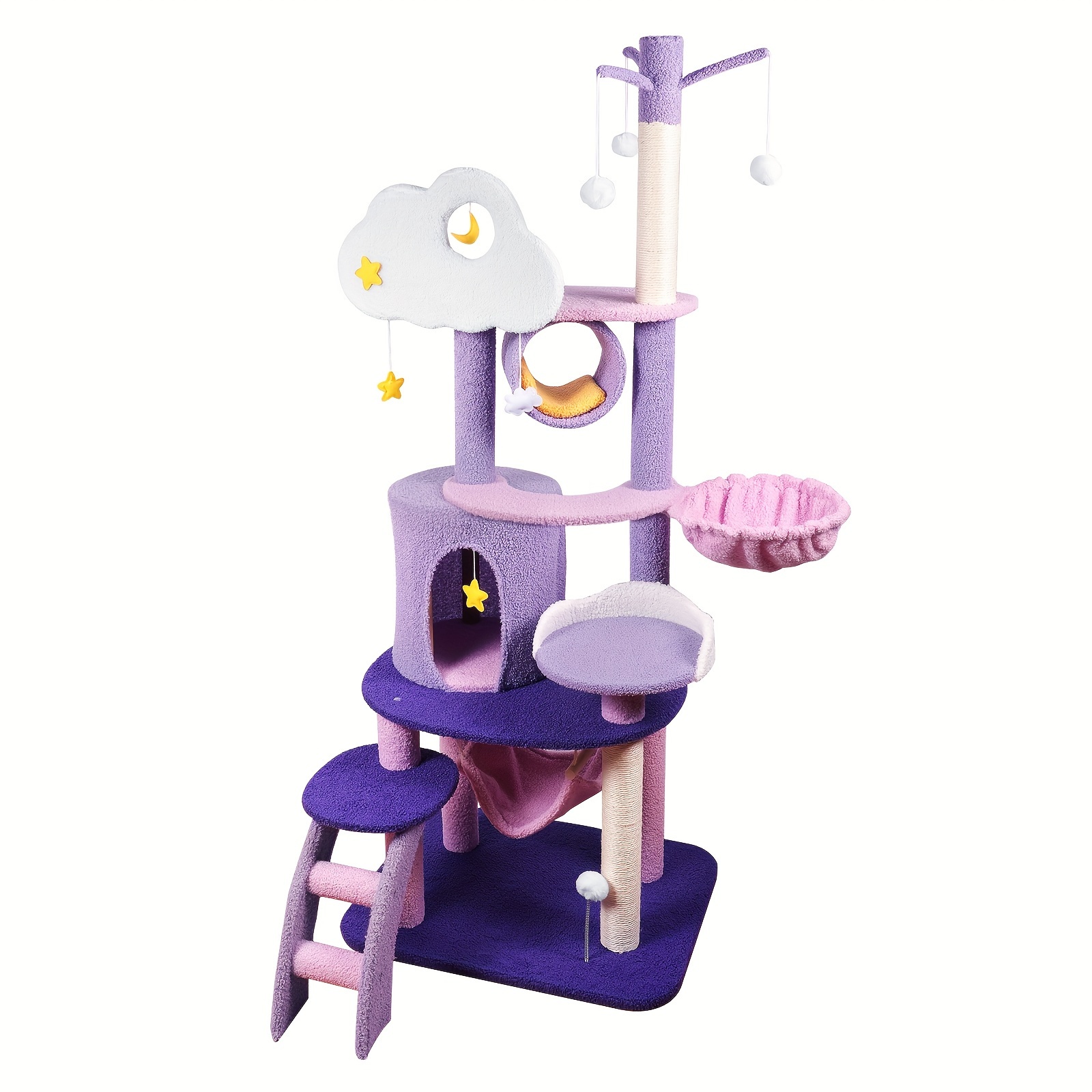 Extra Tall 65in Large Cat Tree Tower with Scratching Post, Multi-Level Platforms, Hammock, Condo, Stairs - Pink, Purple, White Pastel Colors - Sturdy Base Indoor Cat Furniture for Kittens & Adult Cats - Easy Assembly, Cat Tower for Large Cats, Whimsical Pet Furniture, Ultrasoft Plush Fabric