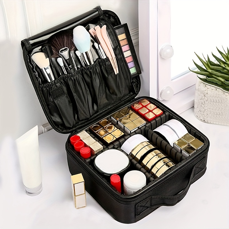 

Elegant Black Oxford Cloth Makeup Organizer - Waterproof, Large Capacity Cosmetic Case With Handle & Brush Holder, Portable Travel Makeup Bag For Women, Polyester Lining, Multi- Storage Box