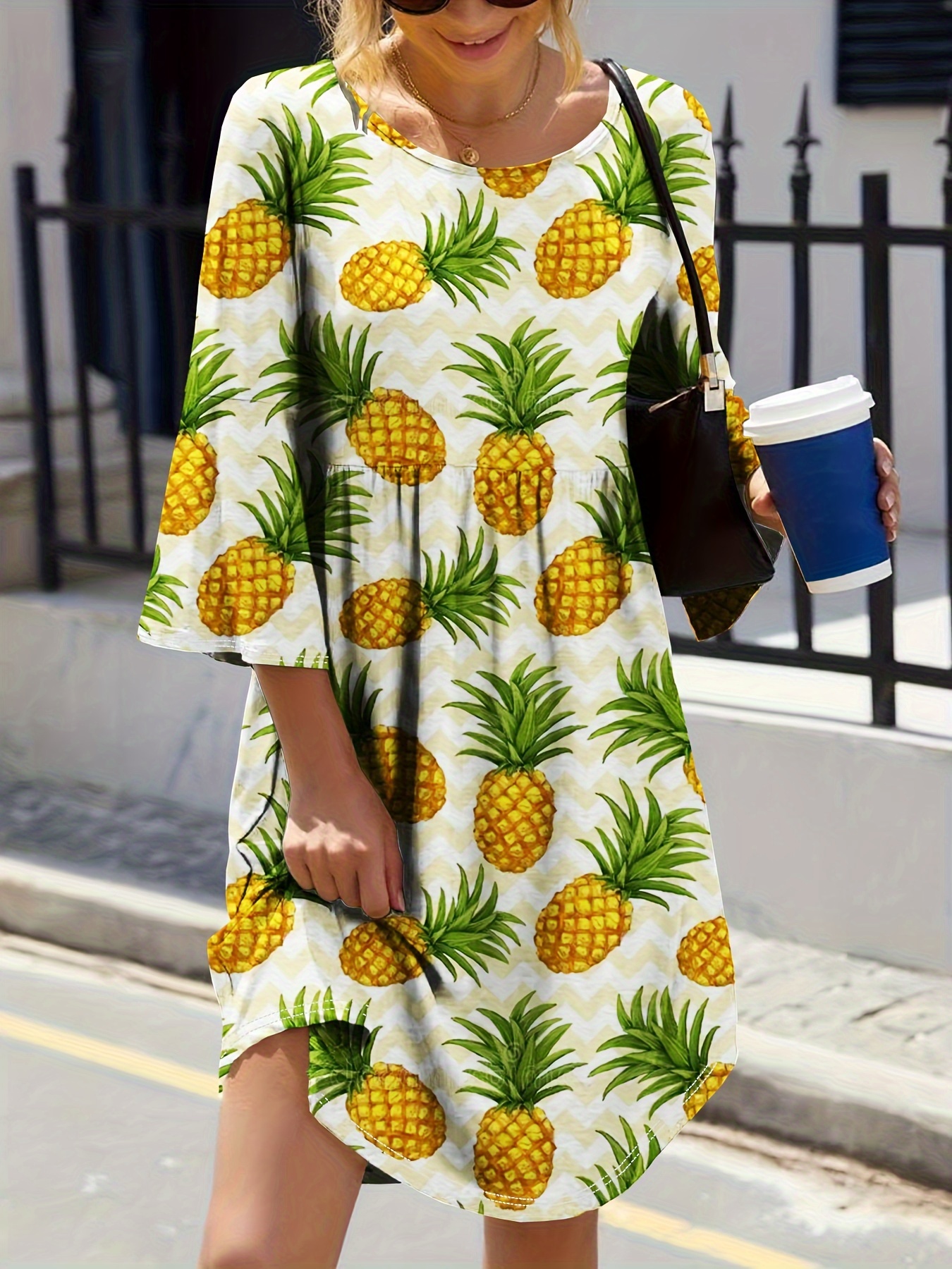 Plus Size Pineapple Print Dress Casual Flare Sleeve Crew Neck Dress For Spring Summer Women s Plus Size Clothing