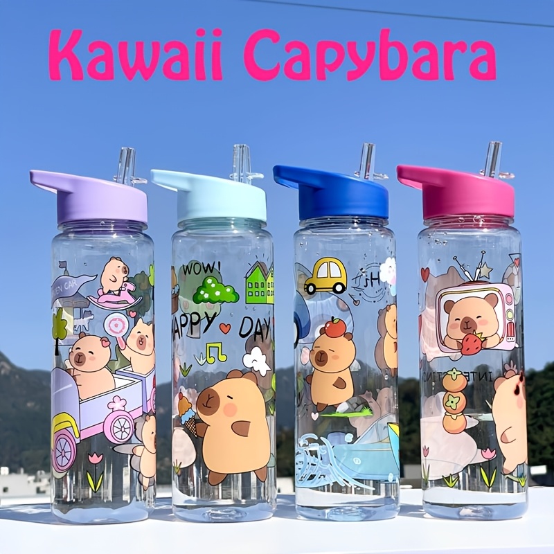 

1pc Bouteille d'Eau Capybara Kawaii avec Paille, Design Cartoon, Matériau PC Léger, Lavable en Machine, Ronde, BPS - pour de Noël et du An, Hydratation Légère|Design Fantaisiste|Bouteille d'Eau