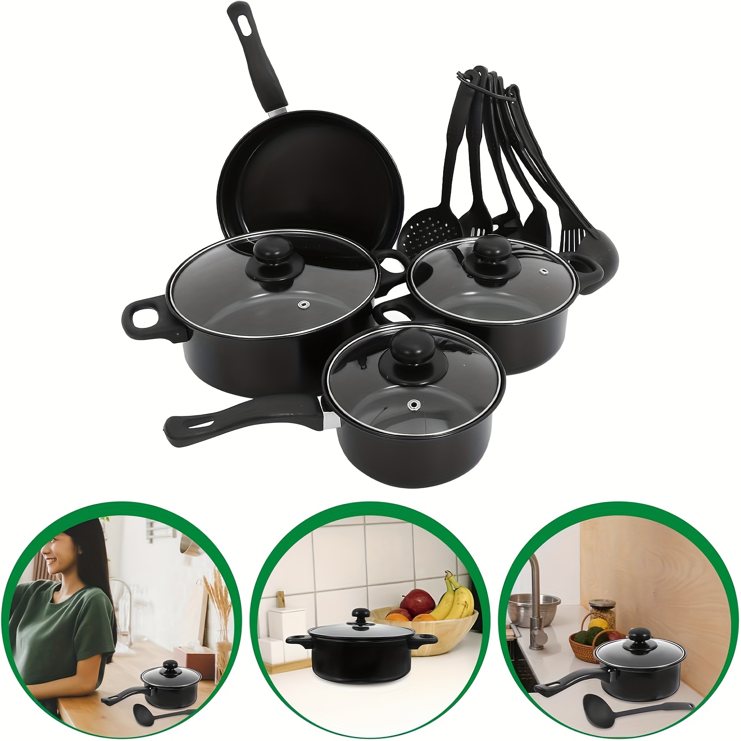13pcs set non stick pots and pans with glass lids lightweight and portable including frying pan milk pan and nylon cutlery camping picnicking traveling black details 0