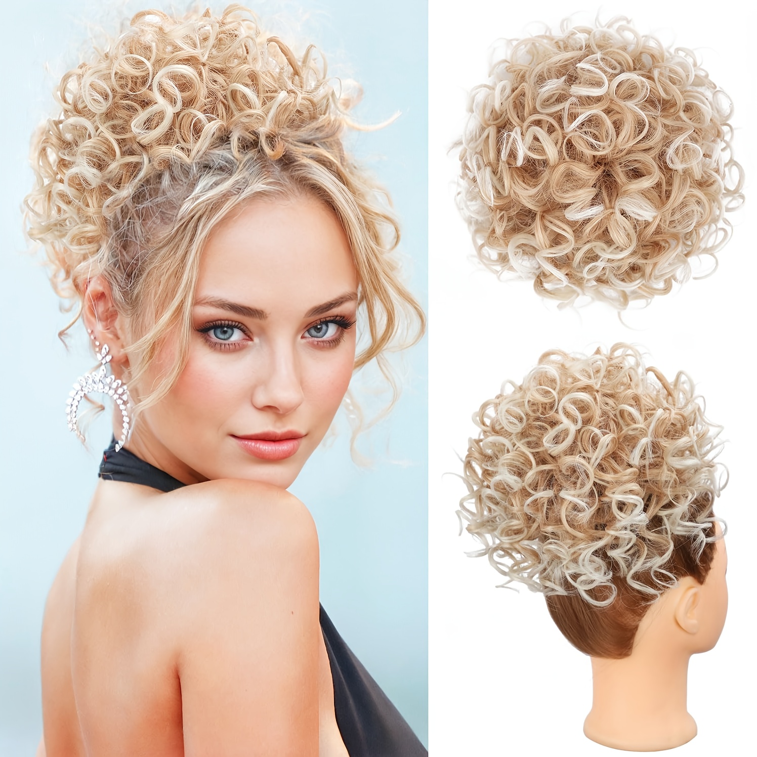 TEMU Messy Bun Hair Piece For Women Drawstring Loose Wave Curly Hair Buns Honey Blonde Ombre Blieached Blonde Hair Piece Synthetic Hair Bun Hair Extensions For Women Daily Use