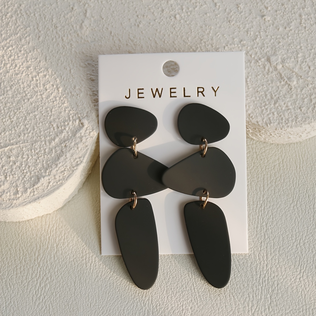 Image of A Pair Of Women' Earrings Featuring Black Geometric Three-tiered Acrylic Design, Elegantly With A Soft Clay Texture, Wear And Holiday Gifts