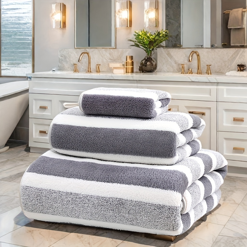 TEMU 3pcs Themed Space Towel Set - Quick-dry, Plush Striped Bath Towels - Skin-friendly Bath Essentials Ideal Bathroom Supplies High Absorbency, High