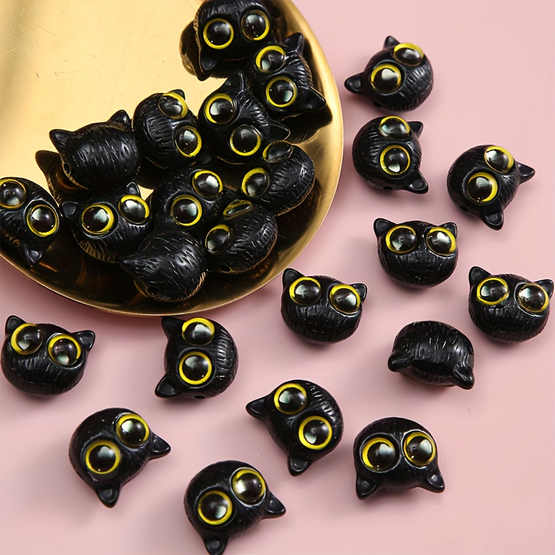 

7pcs Cute Big Eyes Little Black Cat Resin Beads, Diy Bracelet Necklace Jewelry Making Accessories