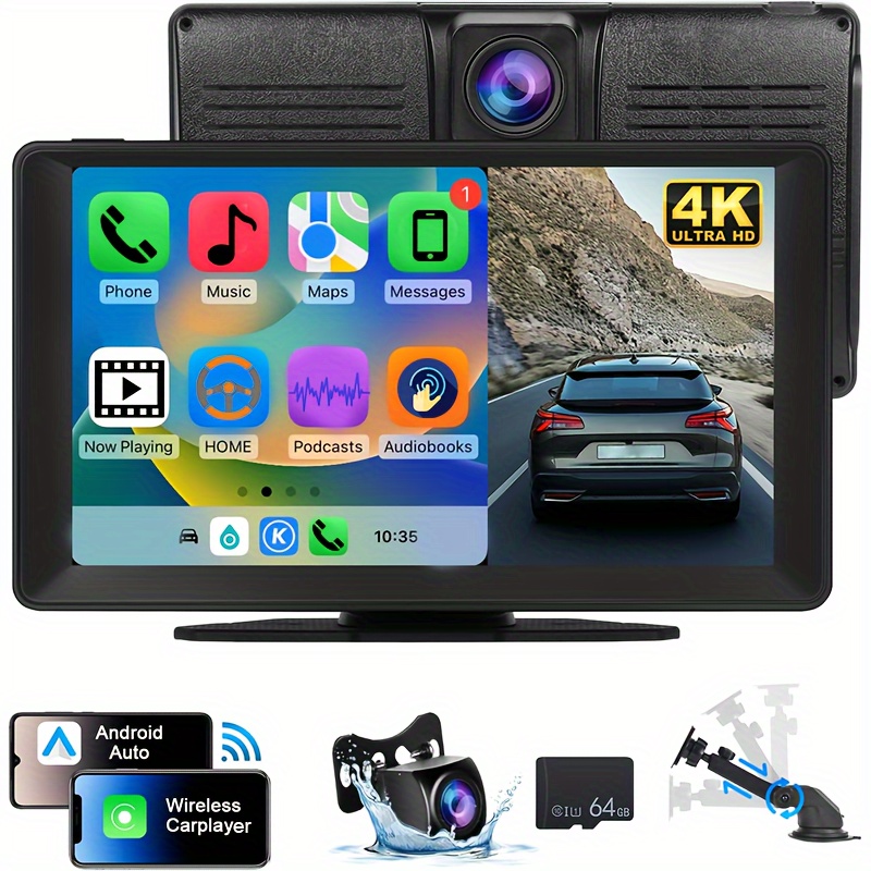 

Wireless Carplayer Car Stereo 9'' Portable Android Auto Carplayer Ips Touch Screen With 4k Dash Cam, 1080p Backup Camera, Wireless, Mirror Link, Fm Transmitter, Adas, Gps Navigation, 64g Tf Card