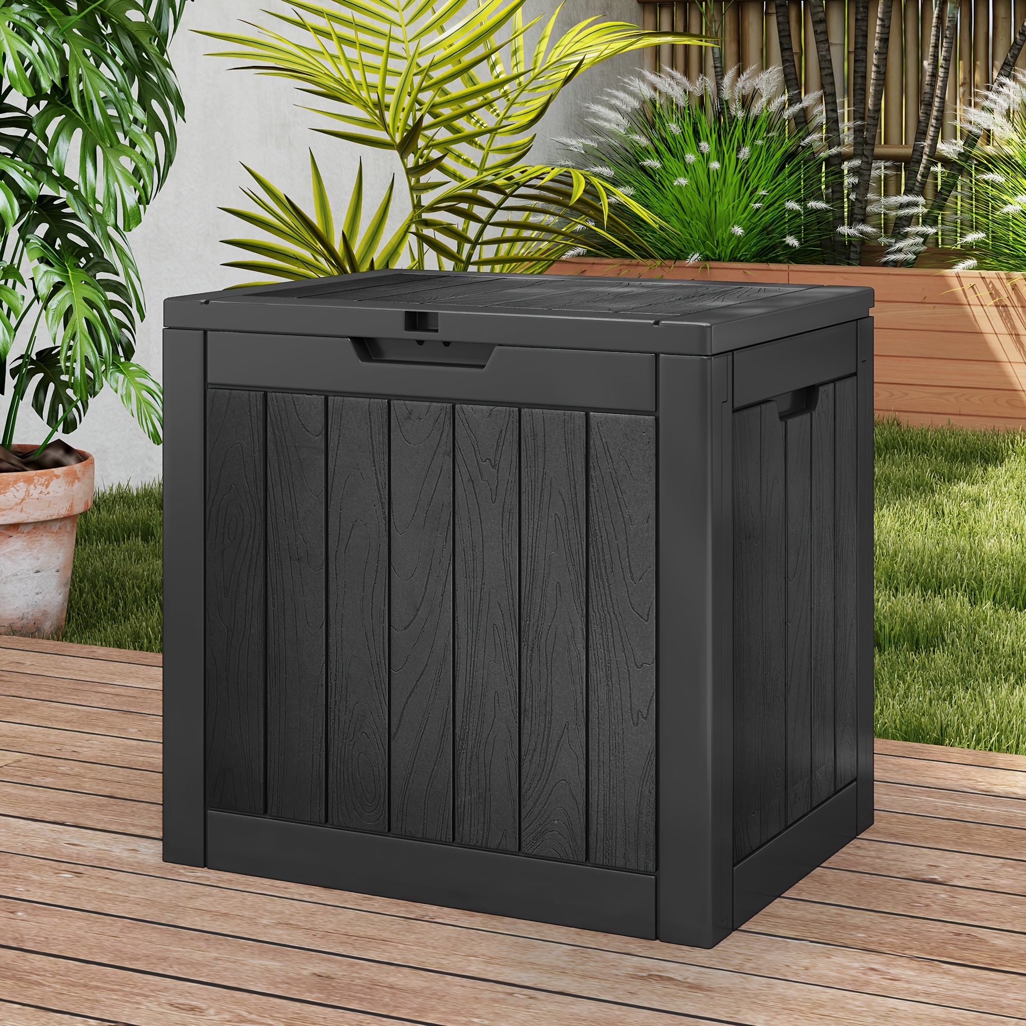   31 gallon outdoor storage box waterproof resin deck box patio pool side table and bench weatherproof storage organizer for garden tools pool supplies patio additions