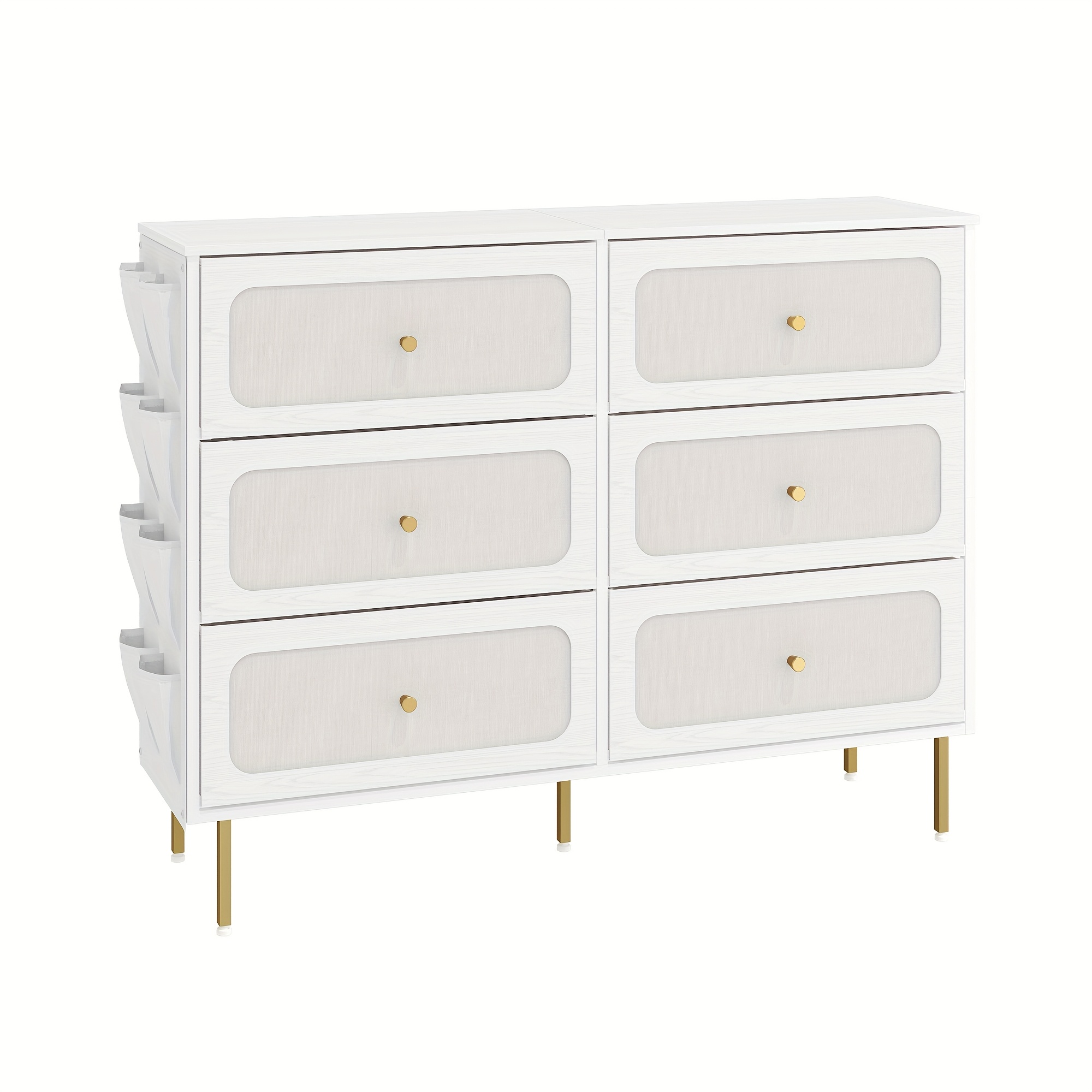 Image of Hzuaneri Fabric Chest Of Drawers, Cabinet With 6 Fabric Drawers, Multifunctional Sideboard With Fabric Bag, Metal Frame, 30 X 110 X 85cm, For Living Room And Bedroom, Modern, White