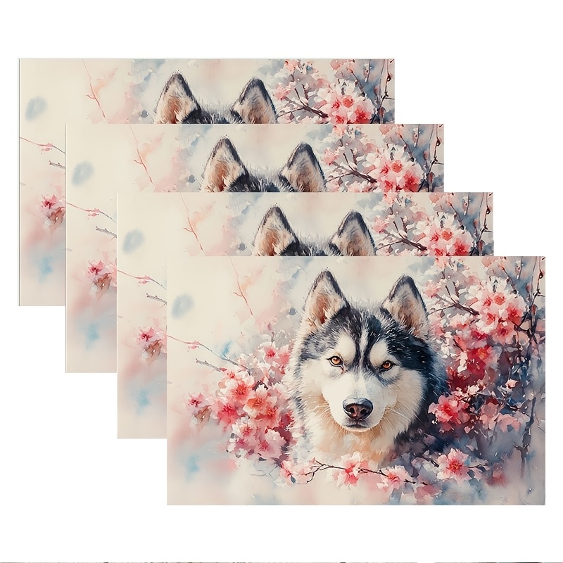 

4pcs Spring-themed Polyester Placemats, Rectangular, Woven Alaska Malamute , Machine Washable, For Dining & Easter Party Decor