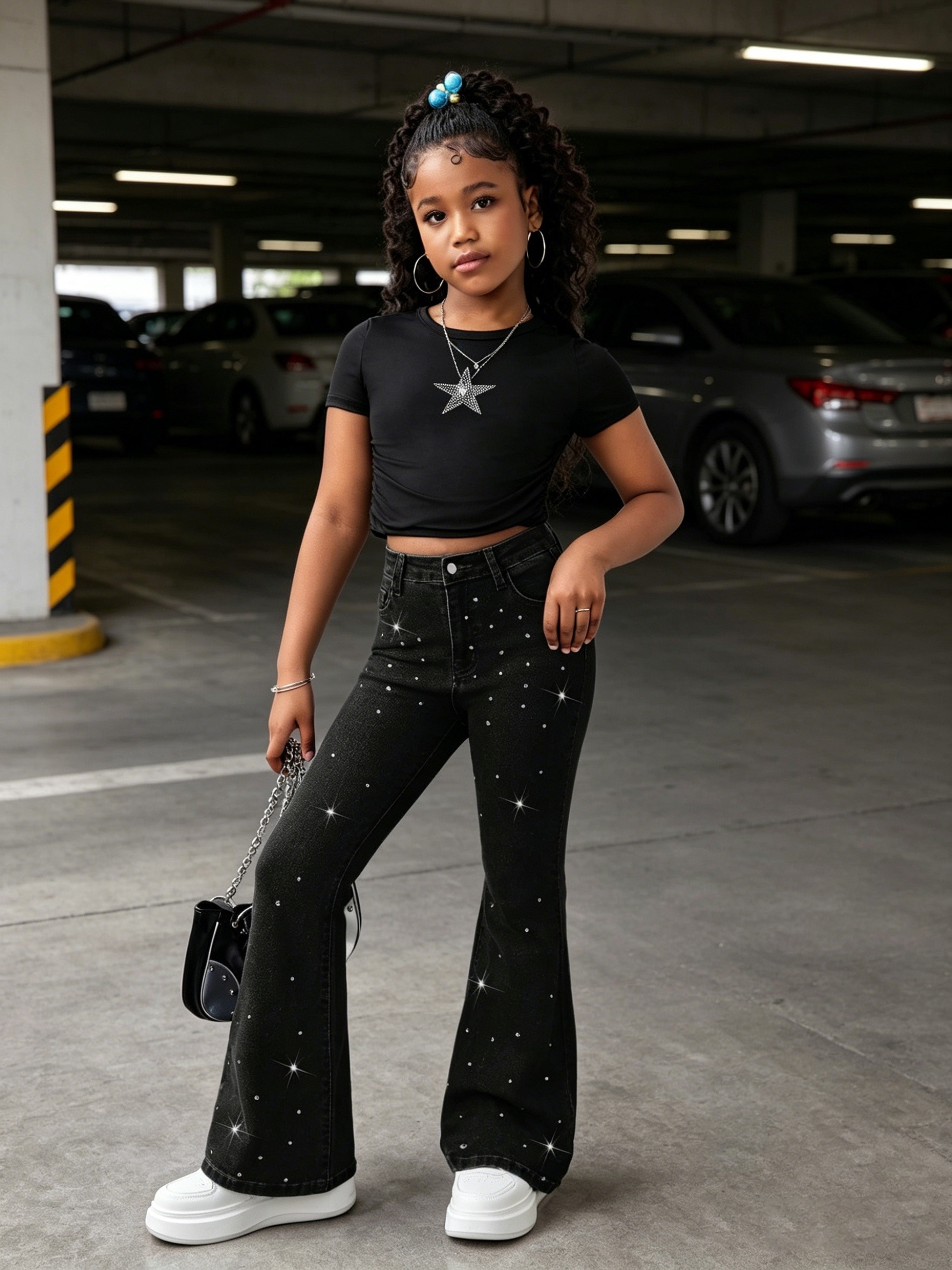tween girls y2k black denim flare pants high - Temu Cyprus