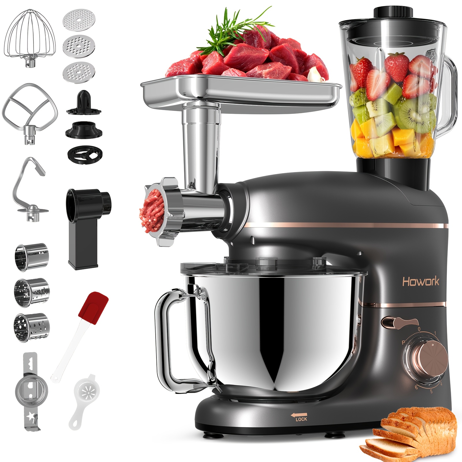 Image of 6-in-1 Multifunctional Electric Kitchen Mixer Stand Mixer 6 .2l With Dough Hook, Flat Beater, Whisk, , Pasta Maker Attachments, Sausage Kits, Slicer And Attachments For Most Home Cooks