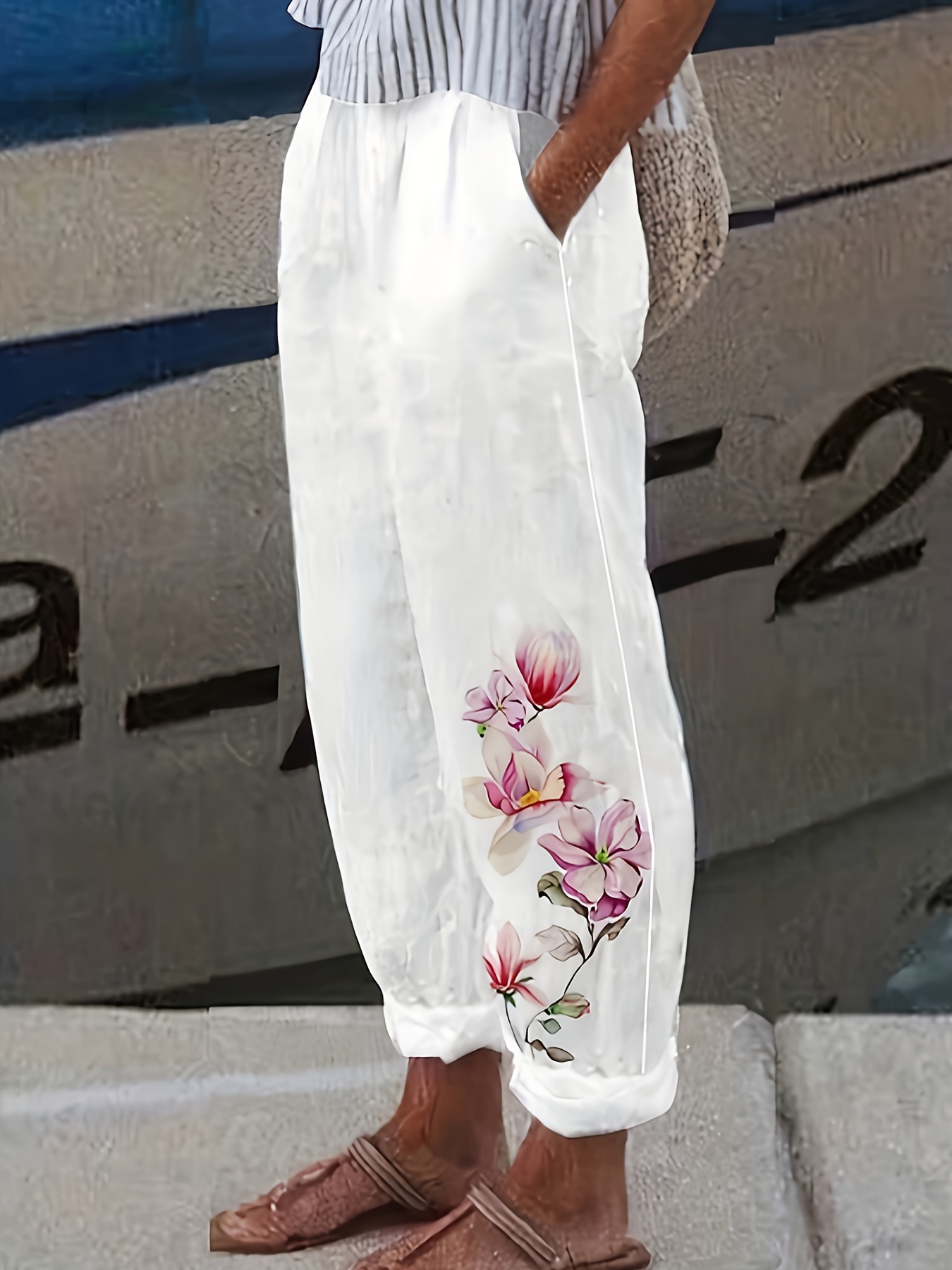 womens floral   pants comfy elastic waistband machine washable white with pink green     clothing clothing comfortable clothing soft texture fabric cute pants