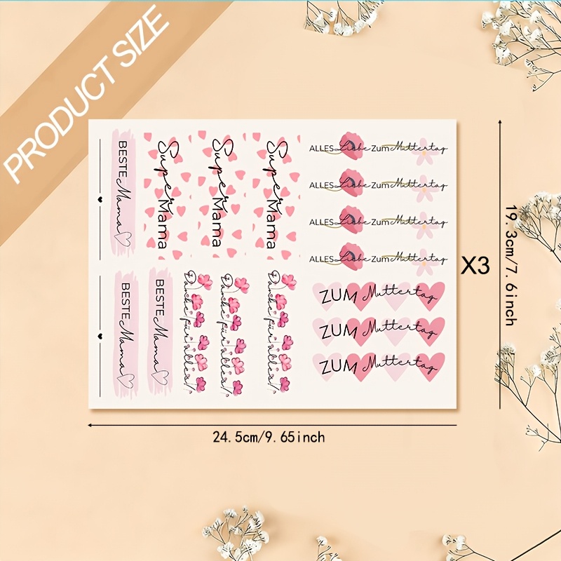 E-shop 3er-Set Pinke Serie Muttertag Gruß Transfer mit Herzlicher Deutschsprachiger Übersetzung (Inklusive Muttertag Segnungen, Super Mama Etikett),