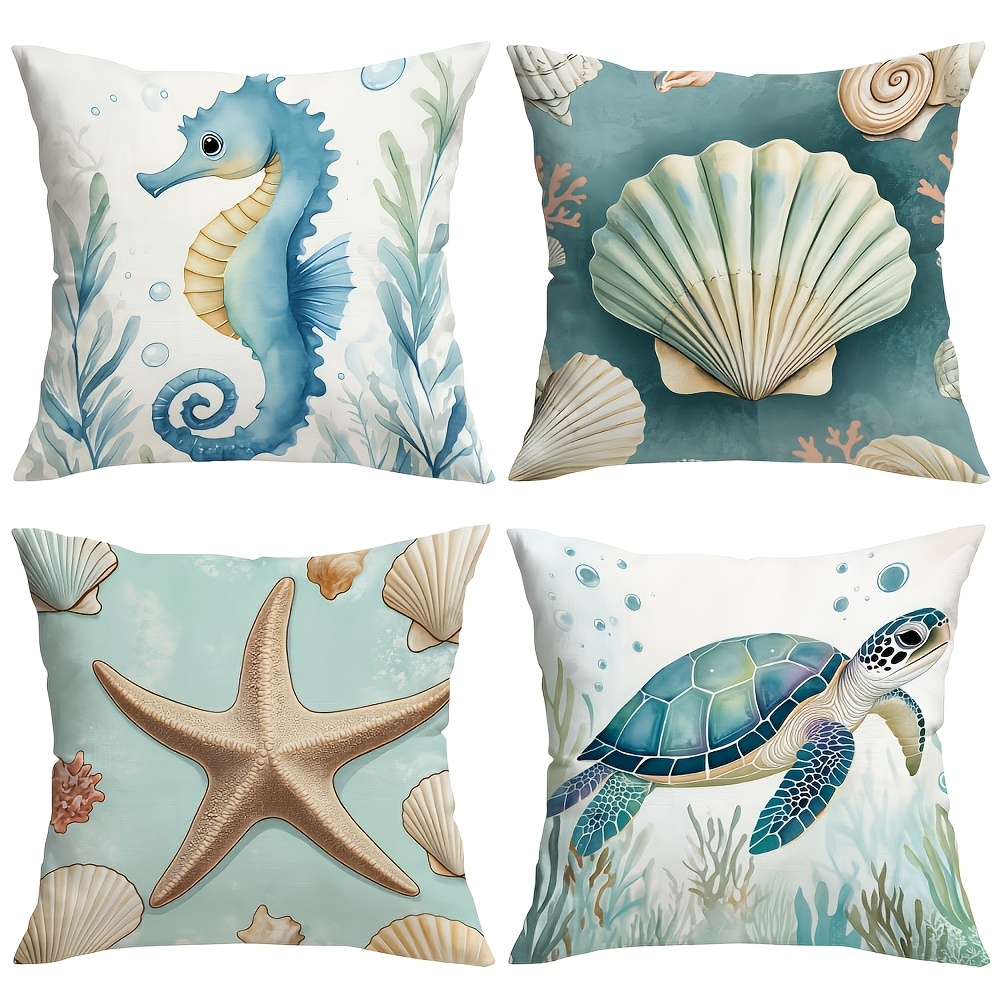 TEMU Juego de 4 fundas de almohada con temática . Los diseños de cojines decorativos presentan de mar, tortugas , , conchas y otras , complementados