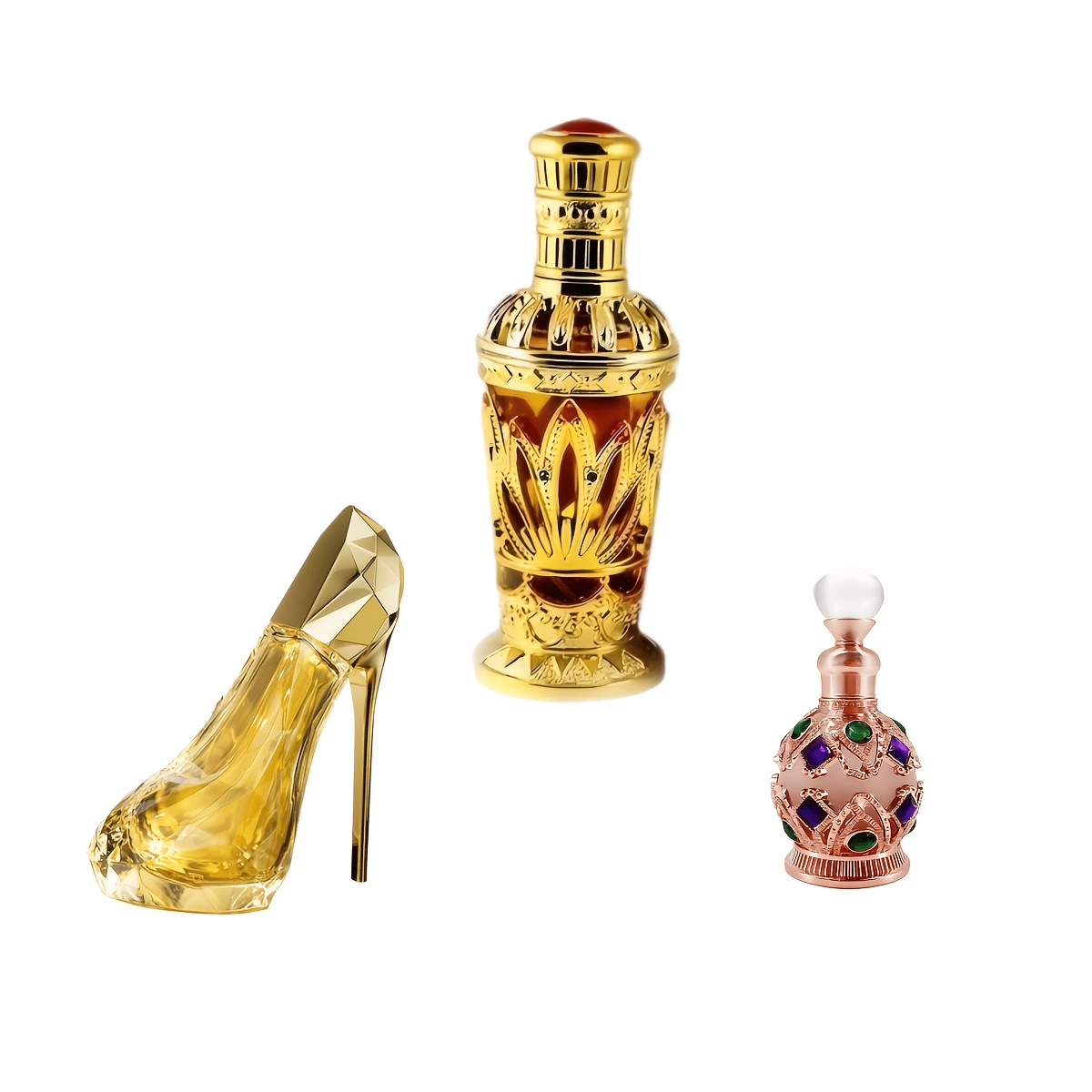 Image of 3-pack Middle Eastern Gilded & Body Perfume | Stiletto Gourmand Scent (30ml)+lotus Gilded Bottle Mysore Sandalwood Scent (100ml)+rose Crown Floral Perfume (10ml)|long-lasting Fragrance