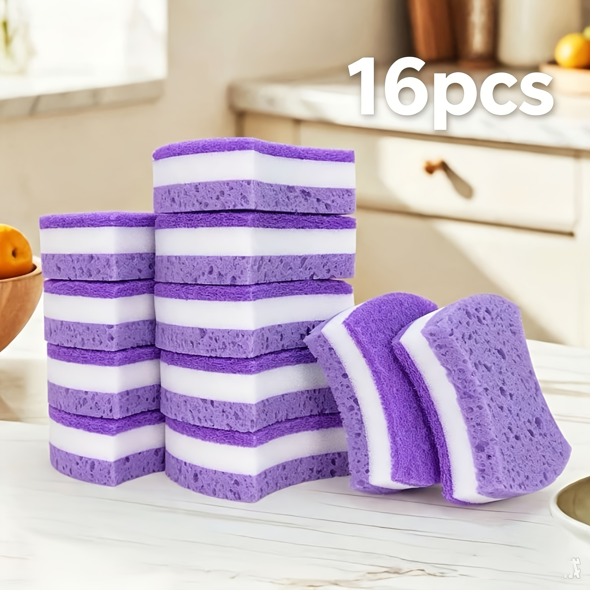 TEMU 8/16pcs Éponges de Nettoyage Violettes à Trois Couches, Puissant Pouvoir Dégraissant, Non Rayantes pour Batterie de Cuisine, Haute Absorbance,