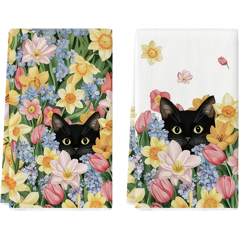 TEMU Cleaning Cloth 2pcs Kitchen Towel, Floral Cat Pattern Kitchen Towels, Farmhouse Style Decor, Super Soft And Highly Absorbent Cloths, Cooking And