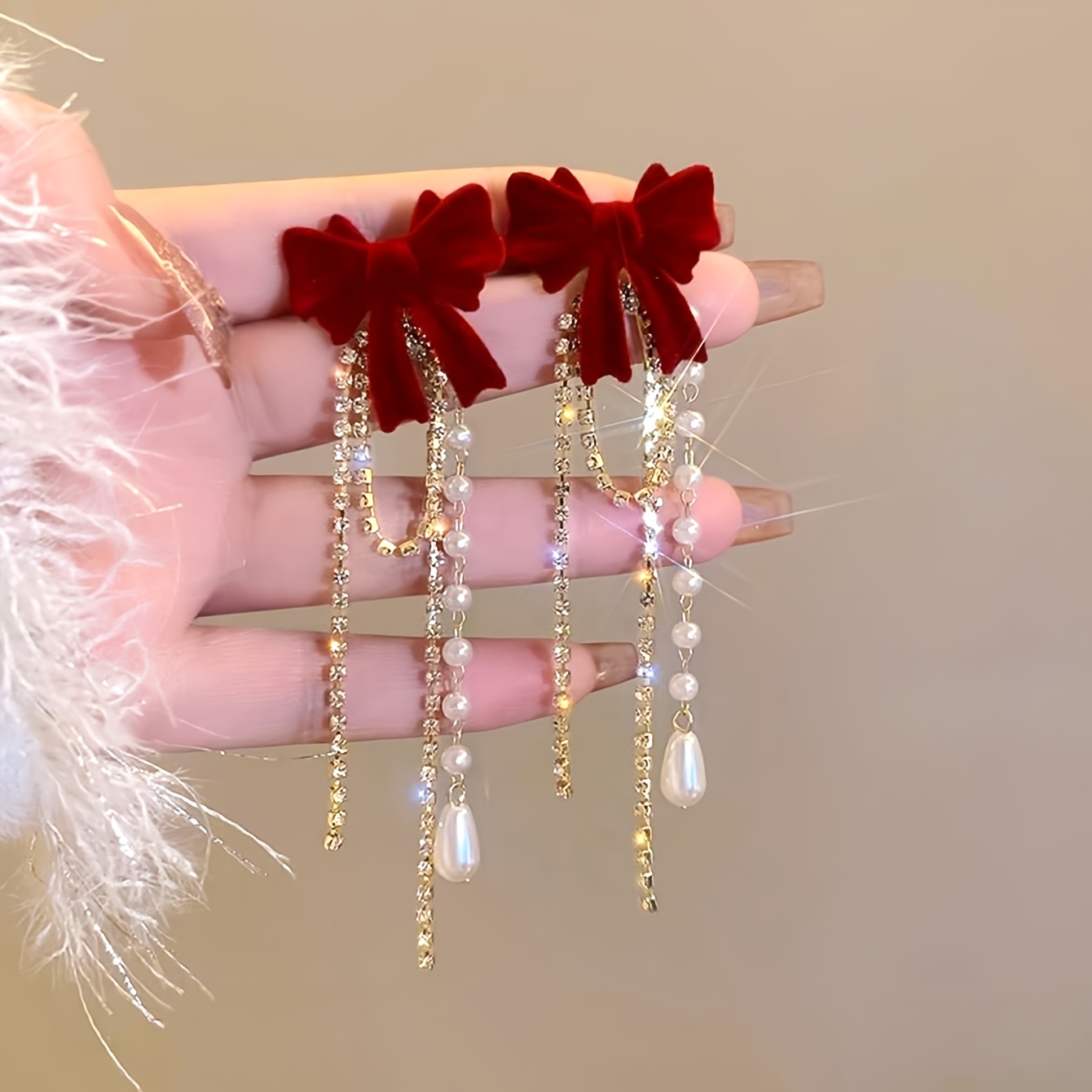 Image of Women's Stud Earrings 1 Pair Vintage Fashion Red Bow Bead Tassel Valentine's Day New Year Gift Ear Jewelry