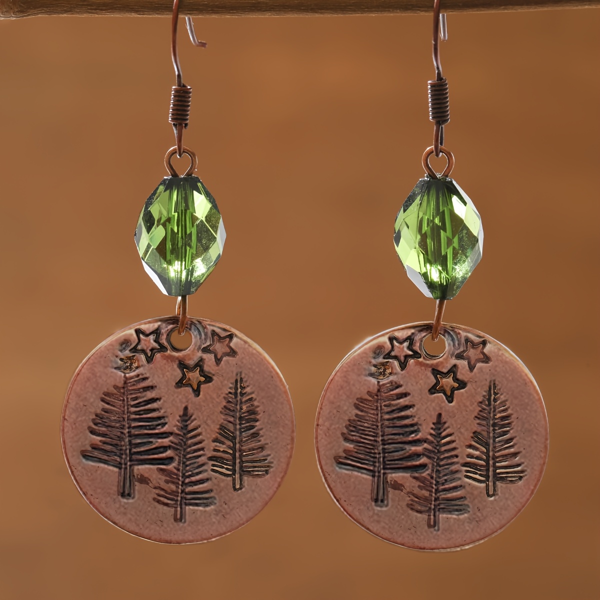 Image of Vintage Bohemian Style Round Forest Star Pattern Earrings For Women With Green Synthetic Bead Accents, Artistic And For Daily Wear