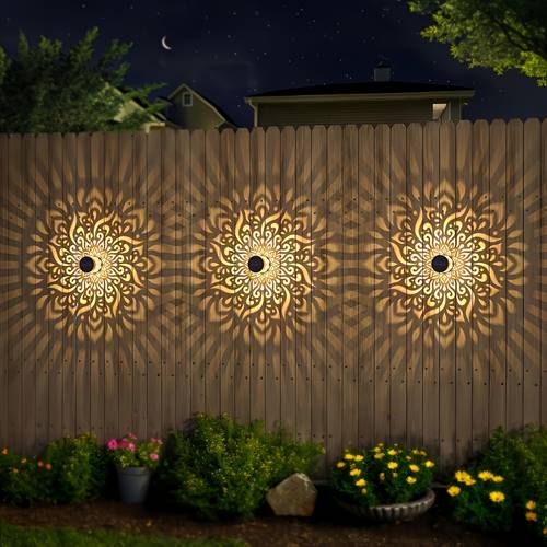 2pcs solar fence lights ip65 durable metal solar powered outdoor led lights with mandala cut out theme waterproof weather resistant decorative atmosphere night lights for garden patio deck step wall driveway yard fence decoration