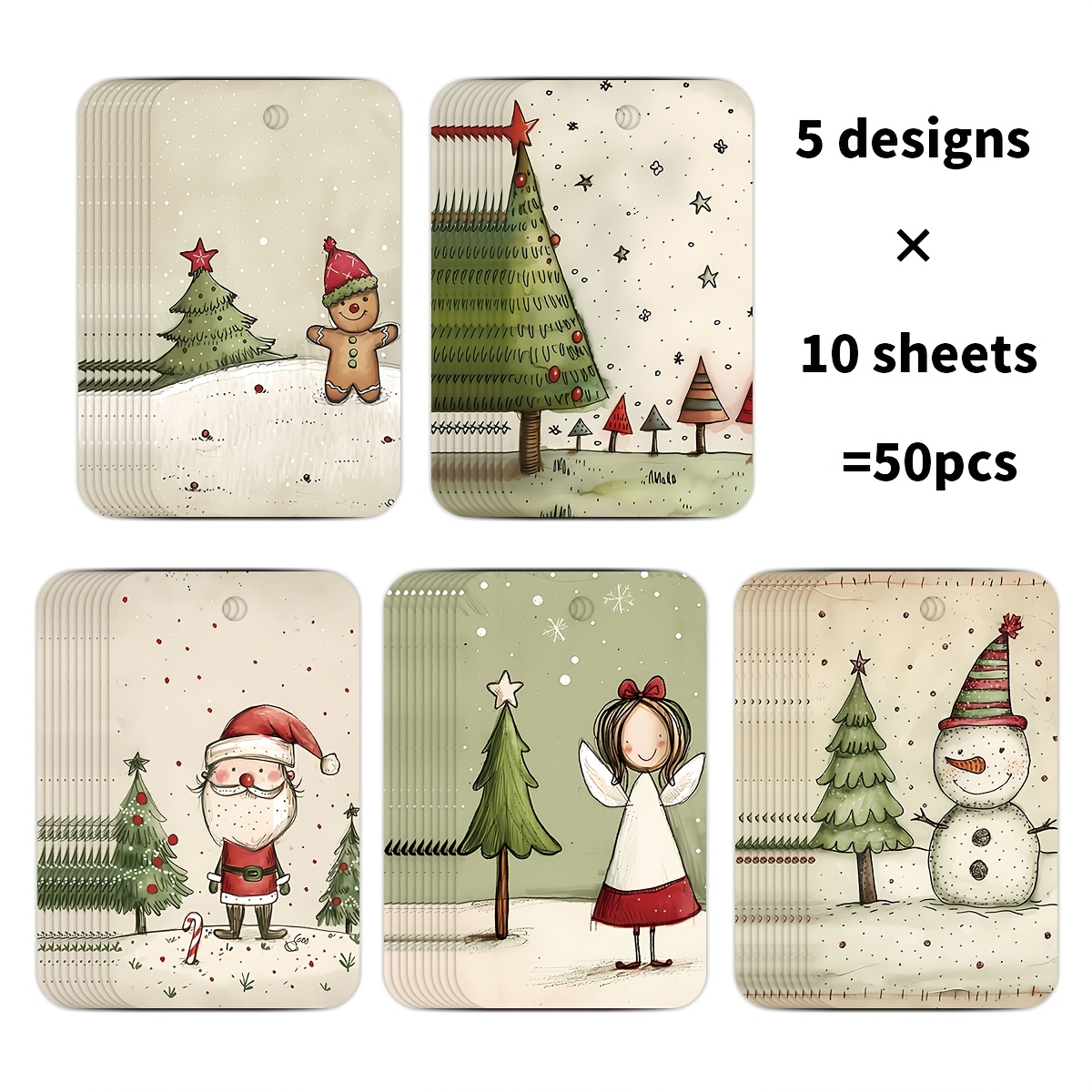 TEMU Ensemble de 50 étiquettes cadeaux de Noël avec corde de , étiquettes suspendues fantaisistes de Père Noël, de de neige et d'épices, fournitures