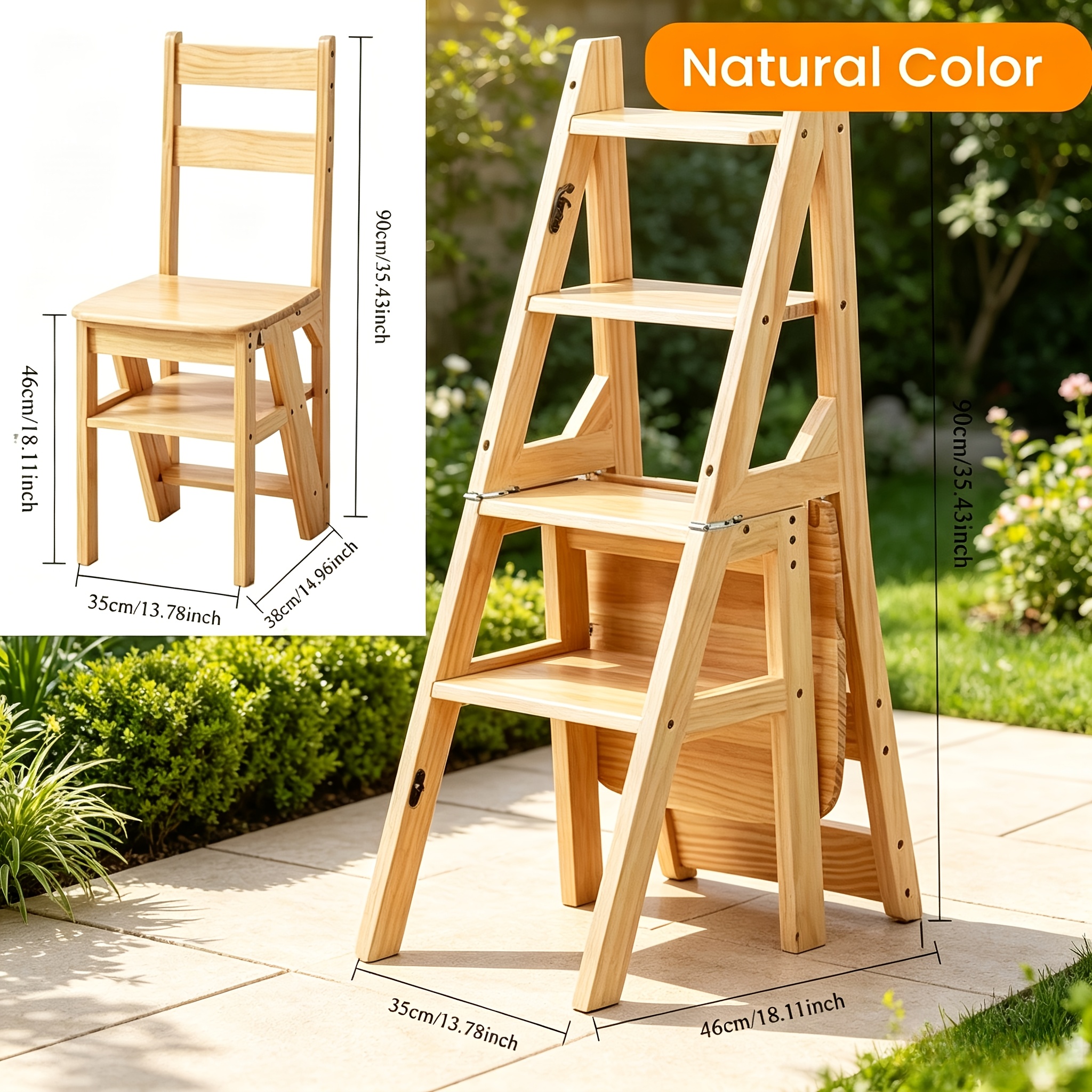 Image of 1pc 4-tier Natural/ Wooden Folding Ladder Chair, Multifunctional Plant Stand Display Rack For Home Balcony Patio, Portable 2-in-1 Step Stool With Storage & Decor Function