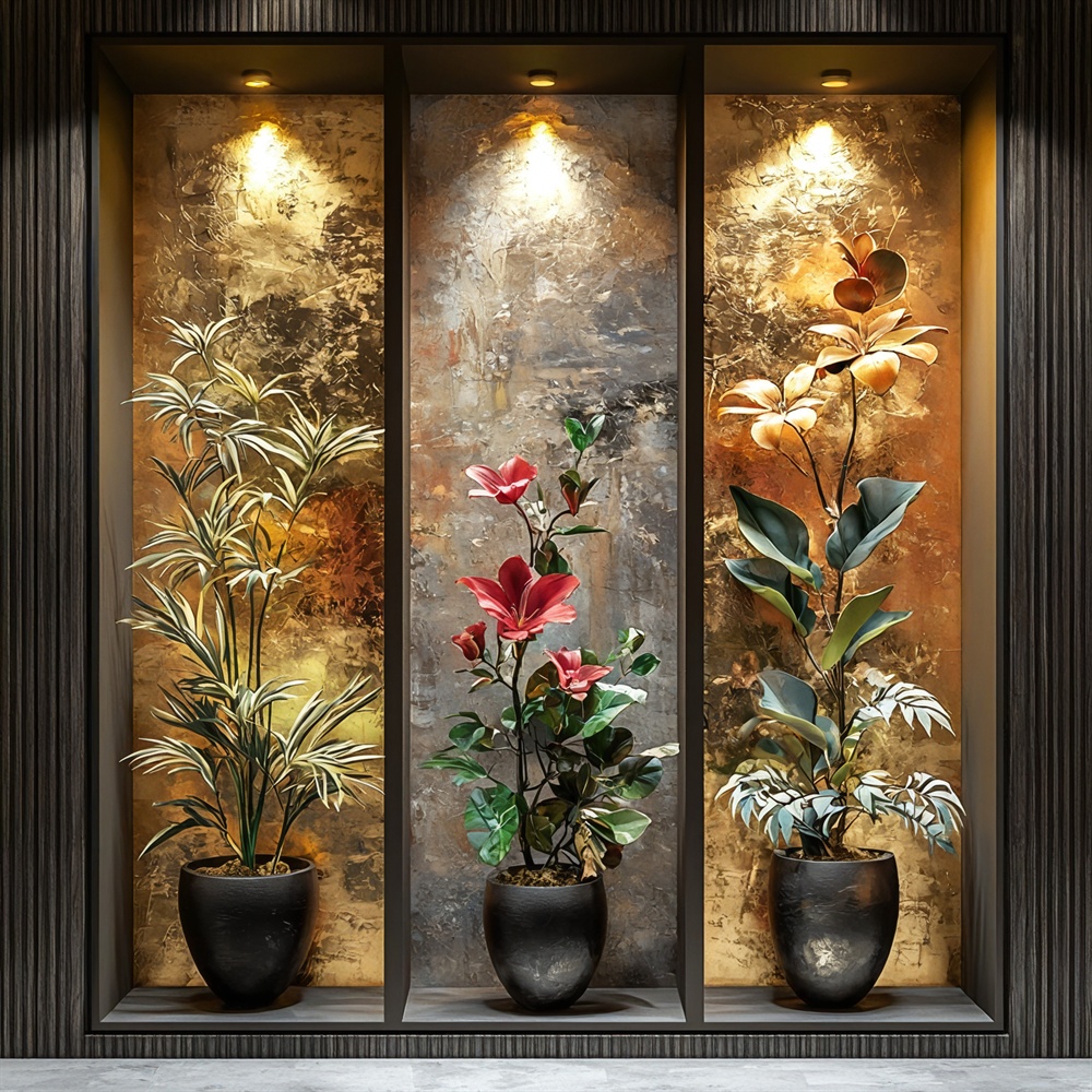 TEMU 2d Flat 3pcs Plant Wall Stickers Modern Potted Golden Background Luxury Spa Wall Stickers Decoration Art Suitable For Living Room Bedroom Office Restaurant Wall Decoration