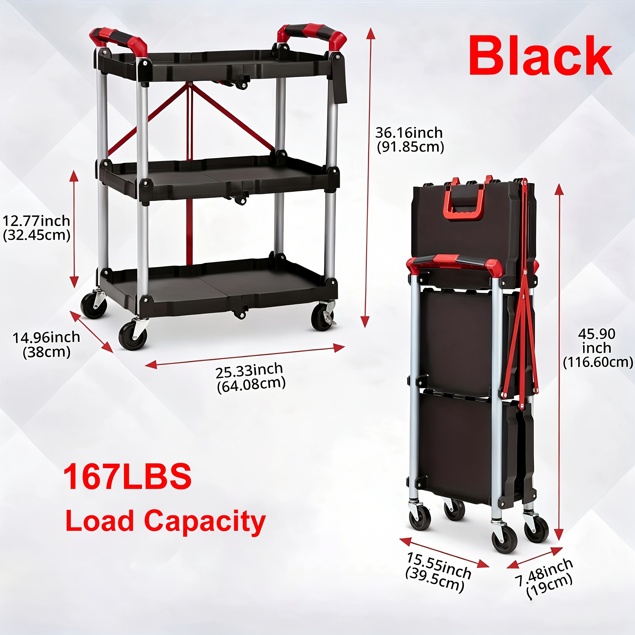TEMU [fast Arrival] Versatile 3-tier Portable Folding Utility Cart With Lockable Swivel Wheels, Perfect For Kitchen, Laundry Room, And Office Use, No