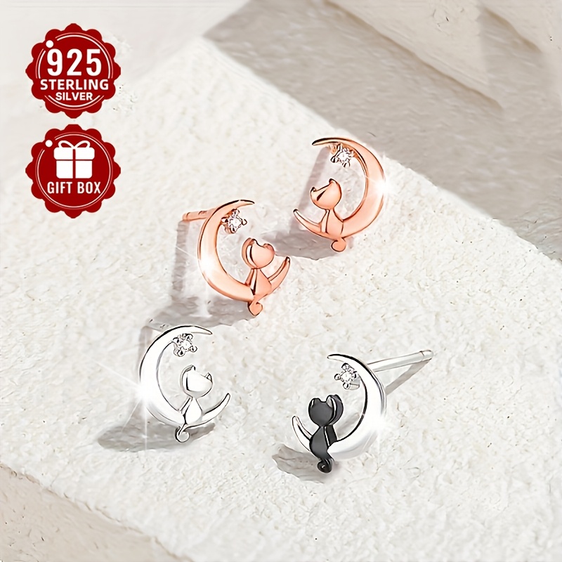 

2pcs Set Of Moon Stud Earrings With Synthetic Zirconia, Made Of S925 Sterling Silver, Cute And Petite, Girls With A , Weighing Approximately 0.63g - Ideal Gift For A Cat- Girlfriend.