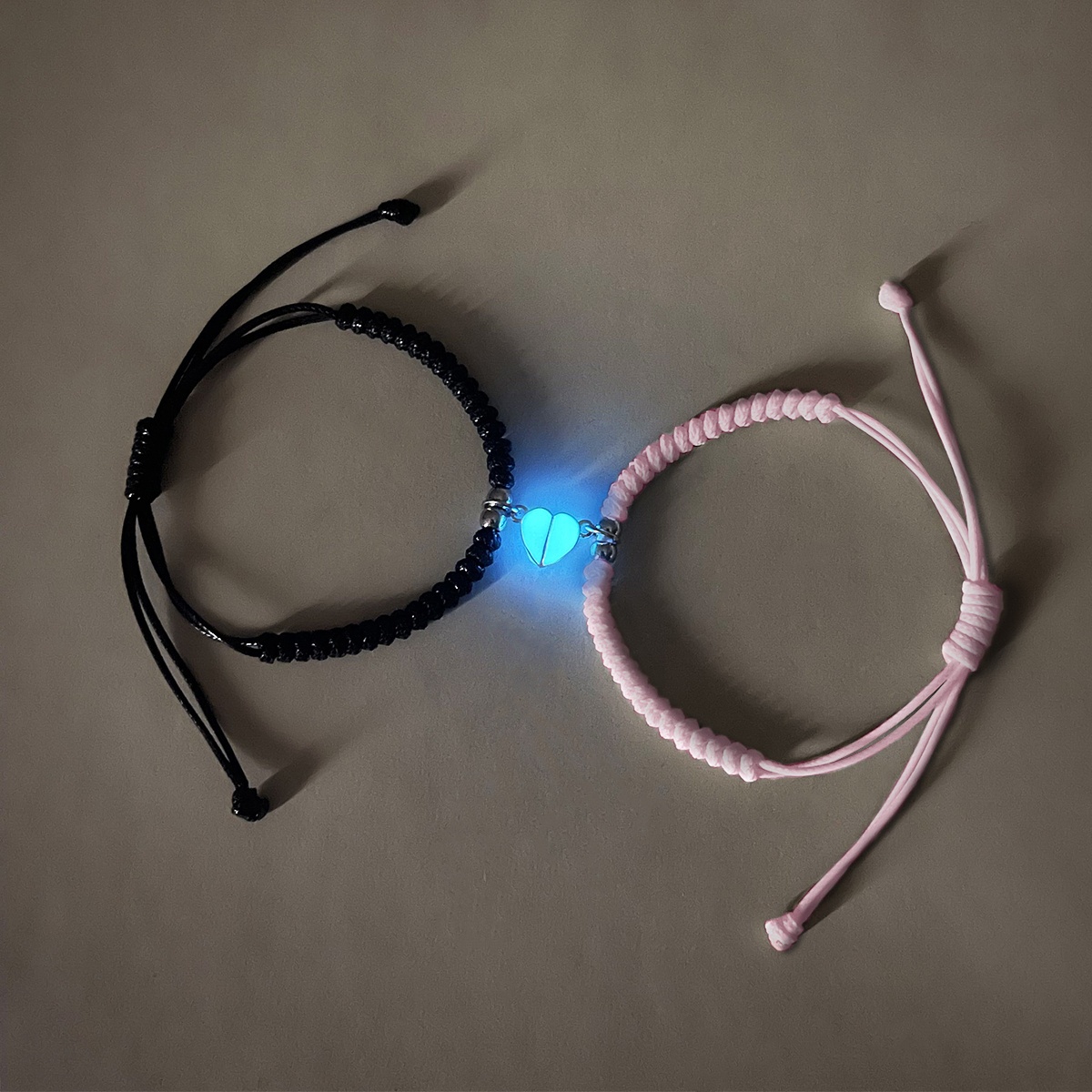 Image of 2pcs/set Luminous Heart-shaped Positioning Multi-knot Couple Bracelet - Hand-woven Ladies' Fashionable Wristband - Valentine's Day Gift Accessory