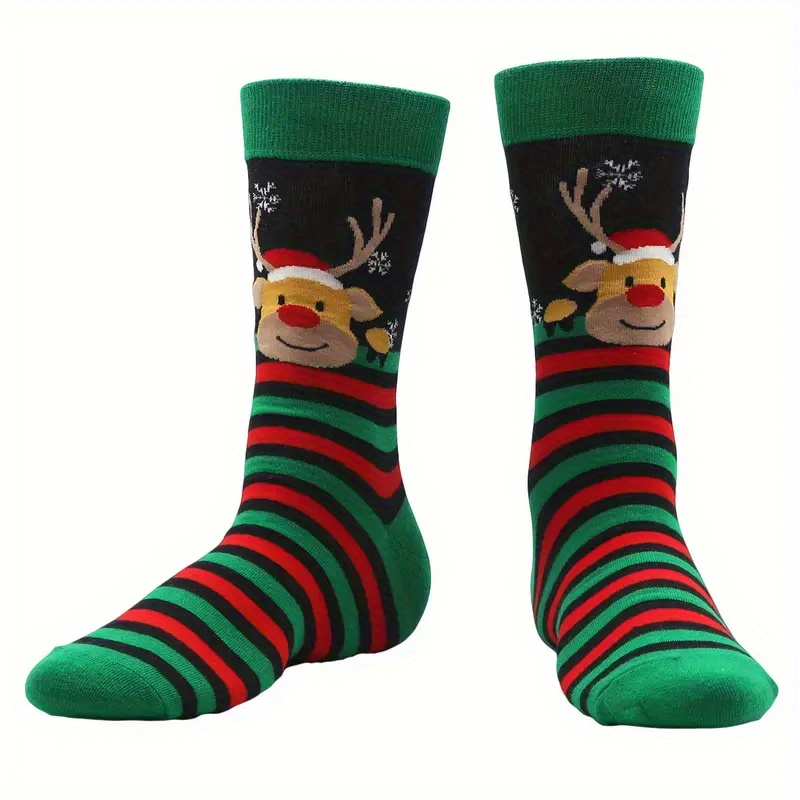Image of A Pair Of Men's Festive Deer Socks - Fun Christmas Socks Featuring A Design With Santa Hats, Comfortable Novelty Socks Suitable For Holiday Gifts, Made Of Hand-washable