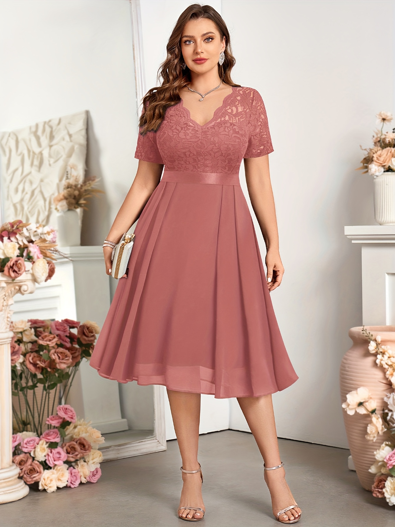 fitted lace wedding dress Rickie Freeman for Teri Jon 3/4-Sleeve Lace Overlay Cocktail Dress