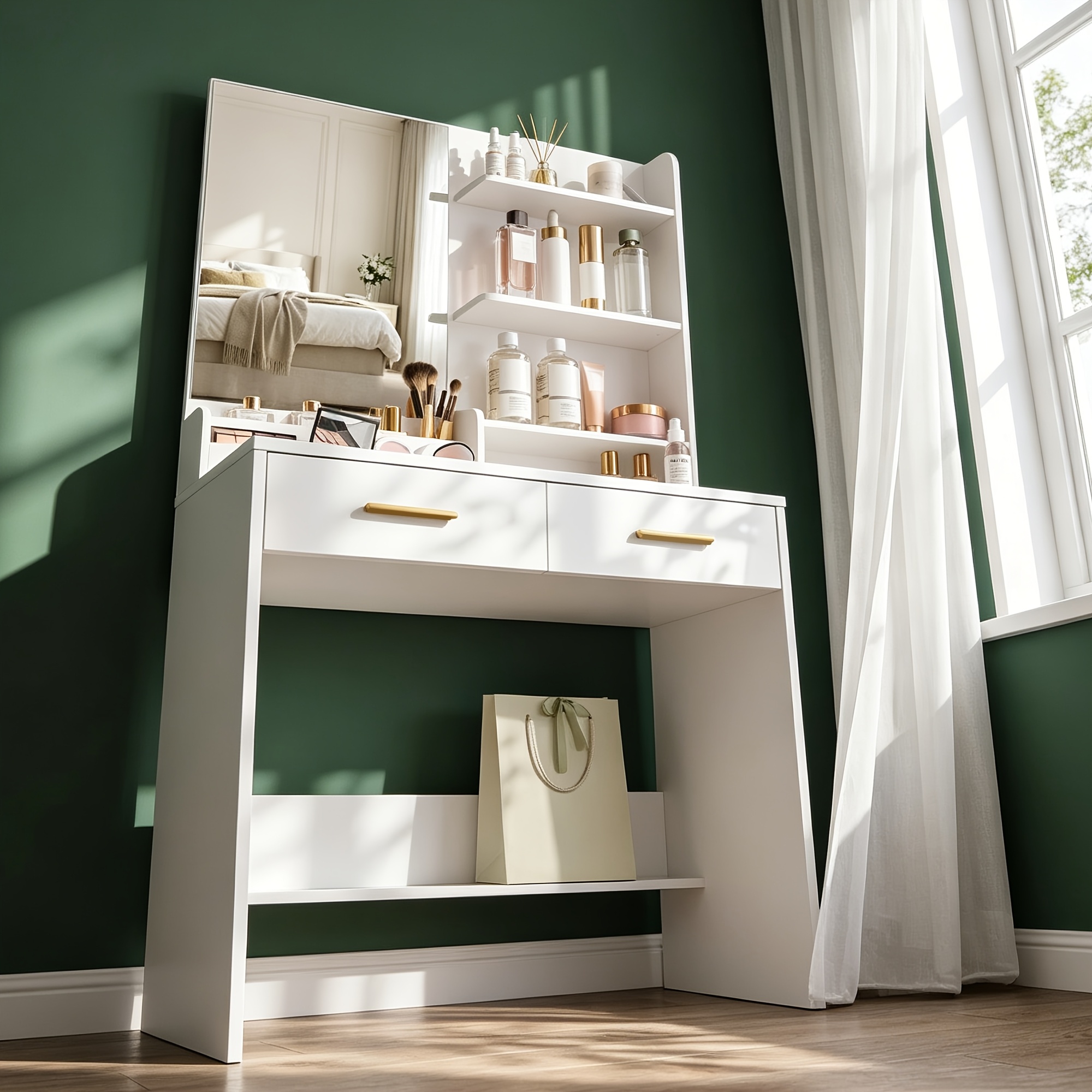 Image of Vanity Table With Mirror, Suitable For Bedroom Or Living Room. Features A 4-tier Shelf, 2 Storage Compartments, And 2 Drawers. Modern Minimalist Style