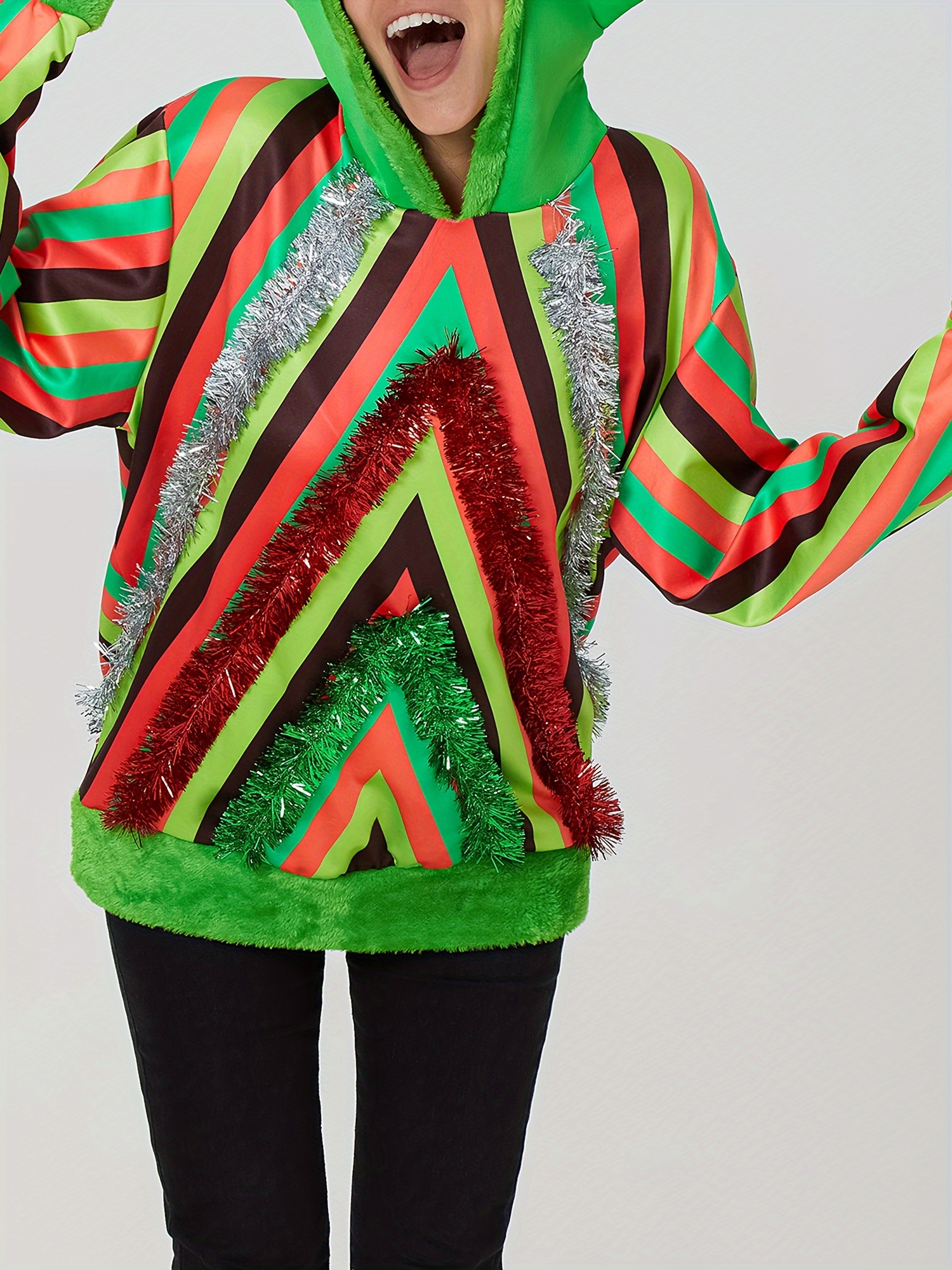 Womens Christmas Tree Cosplay Costume Long Sleeve Tree Hoodie Sweatshirt  Contrast Color Hooded Xmas Role Play Costume